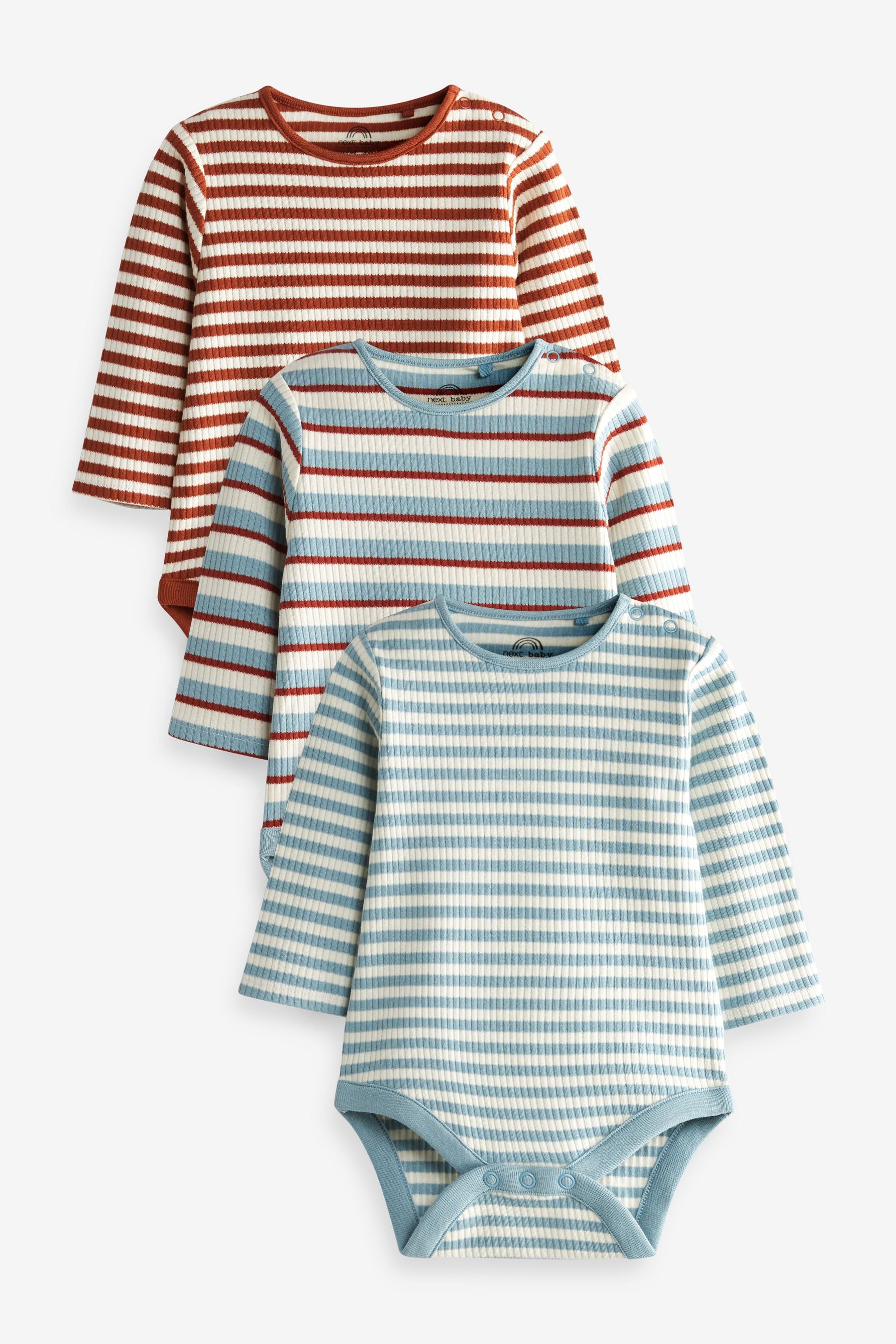 Stripe Blue Rib 3 Pack Baby Bodysuits