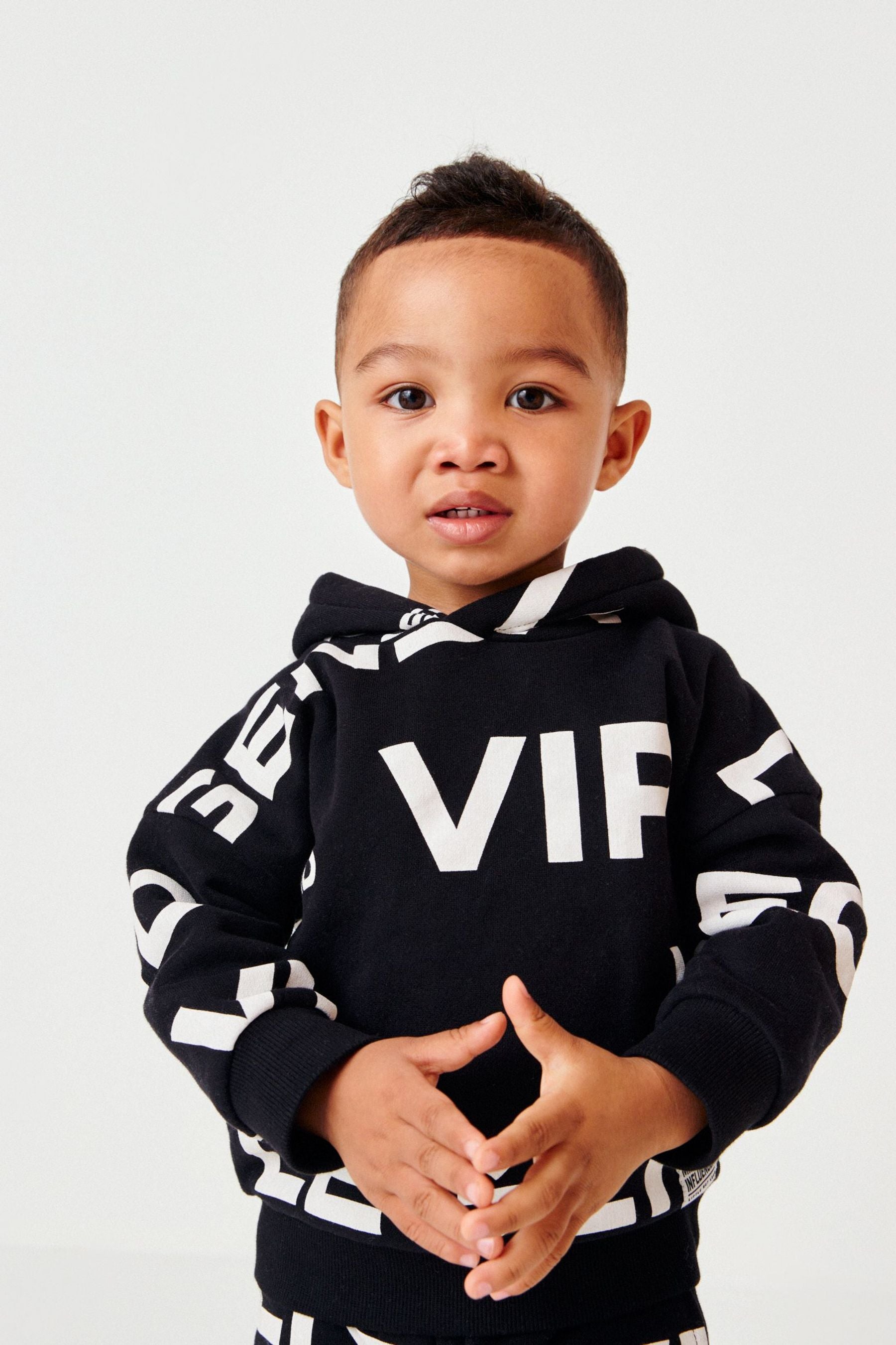 Black Slogan All Over Print Hoodie and Joggers Set (3mths-7yrs)