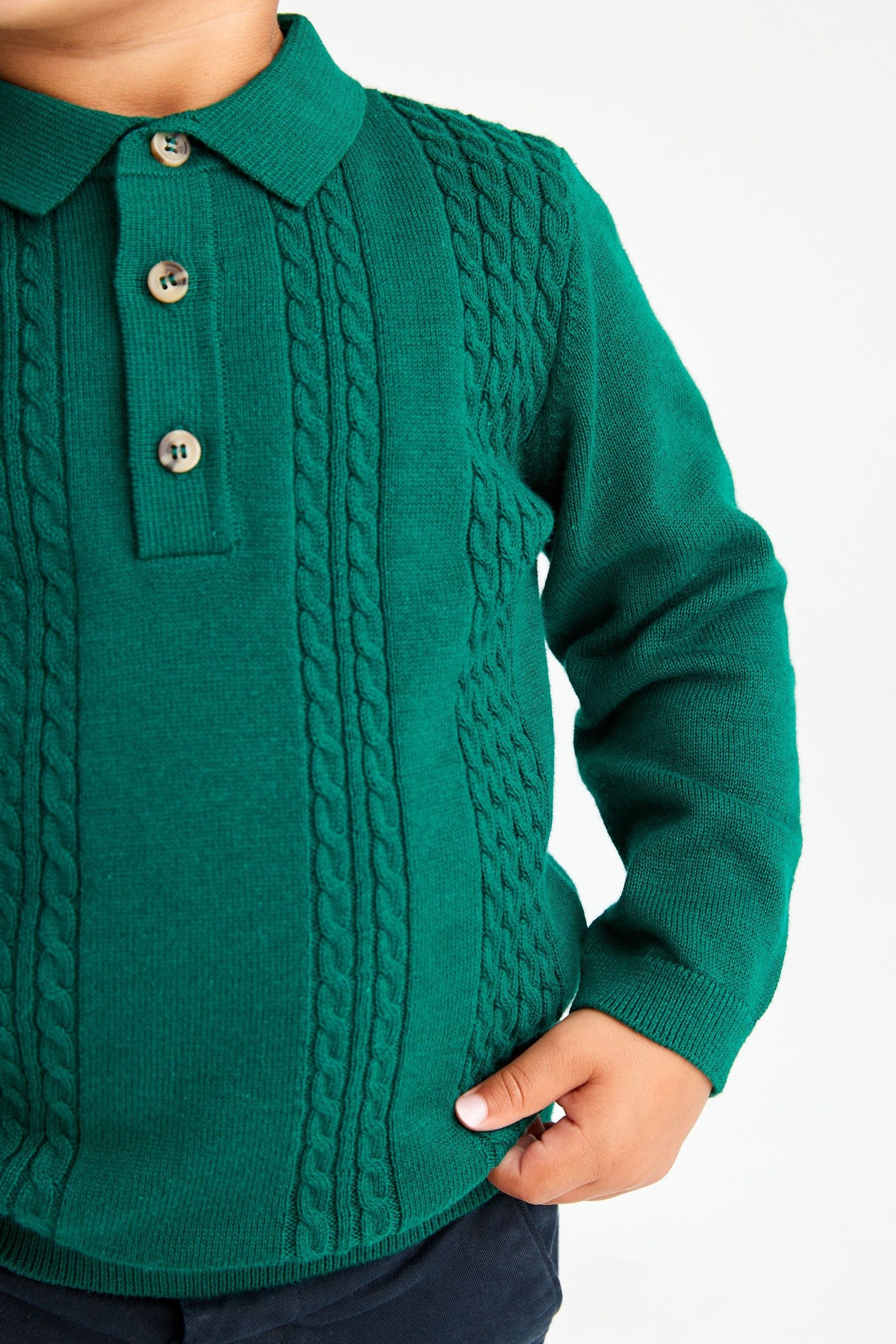 Green Long Sleeve Cable Polo Shirt (3mths-7yrs)