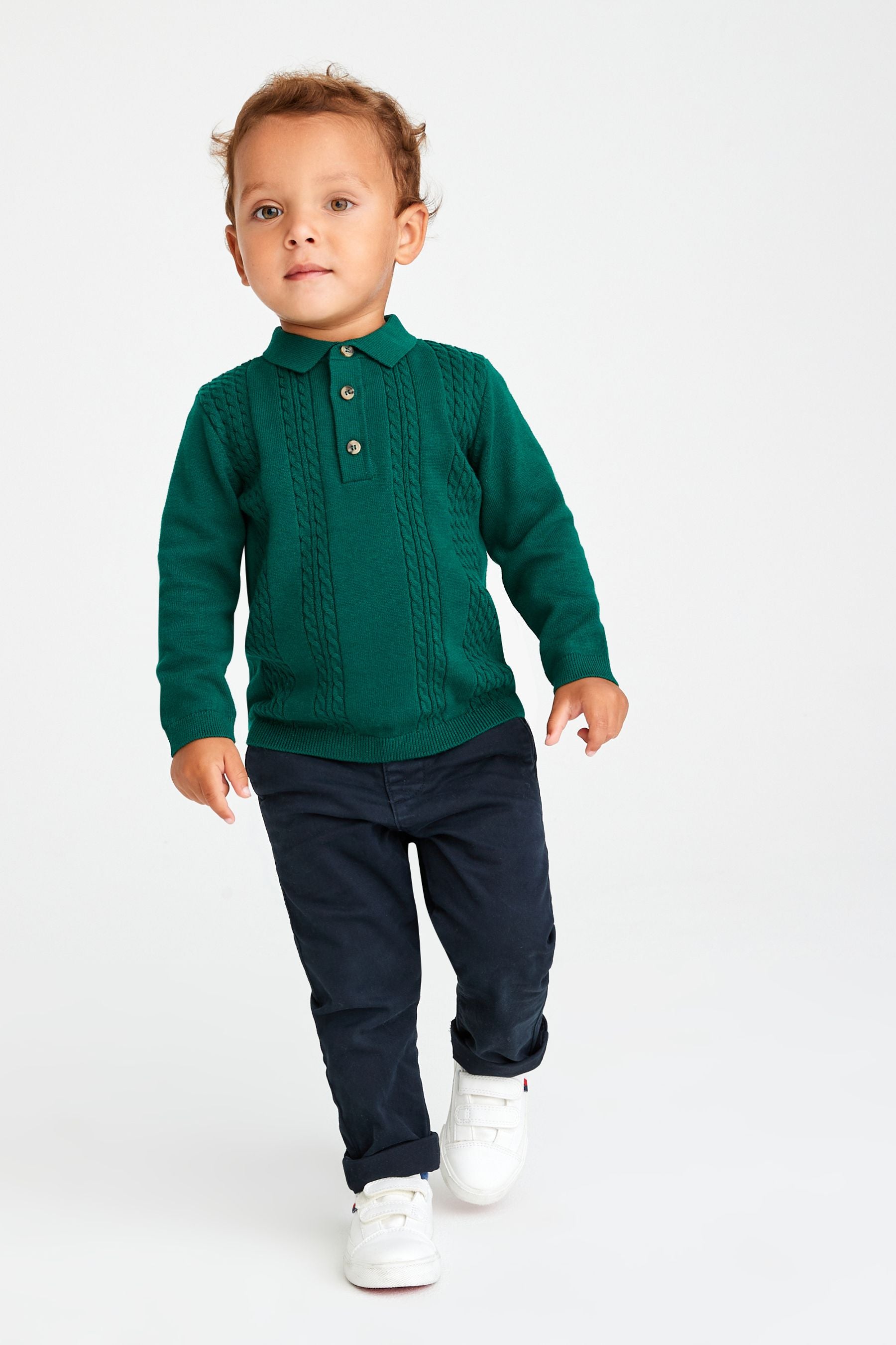 Green Long Sleeve Cable Polo Shirt (3mths-7yrs)