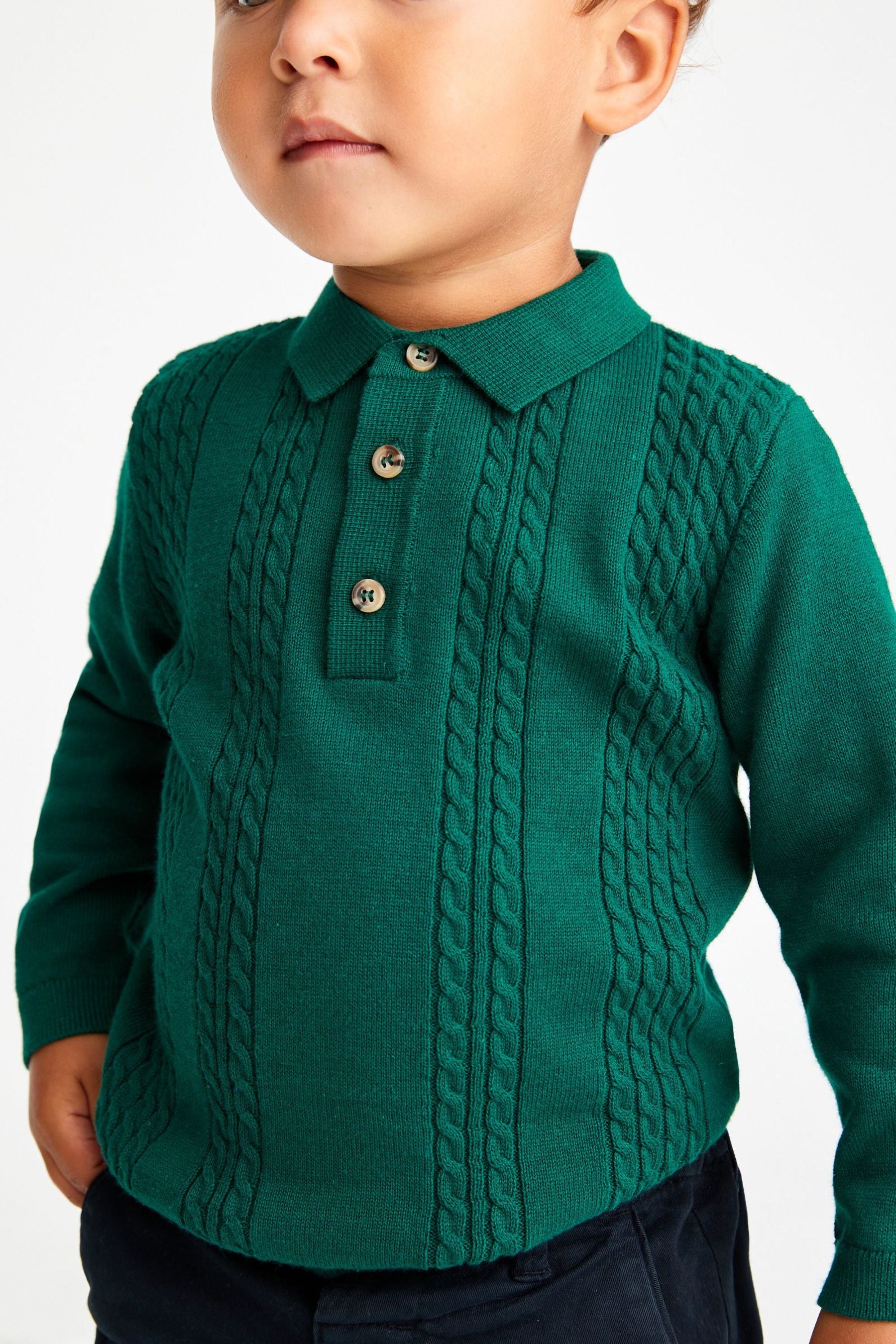 Green Long Sleeve Cable Polo Shirt (3mths-7yrs)