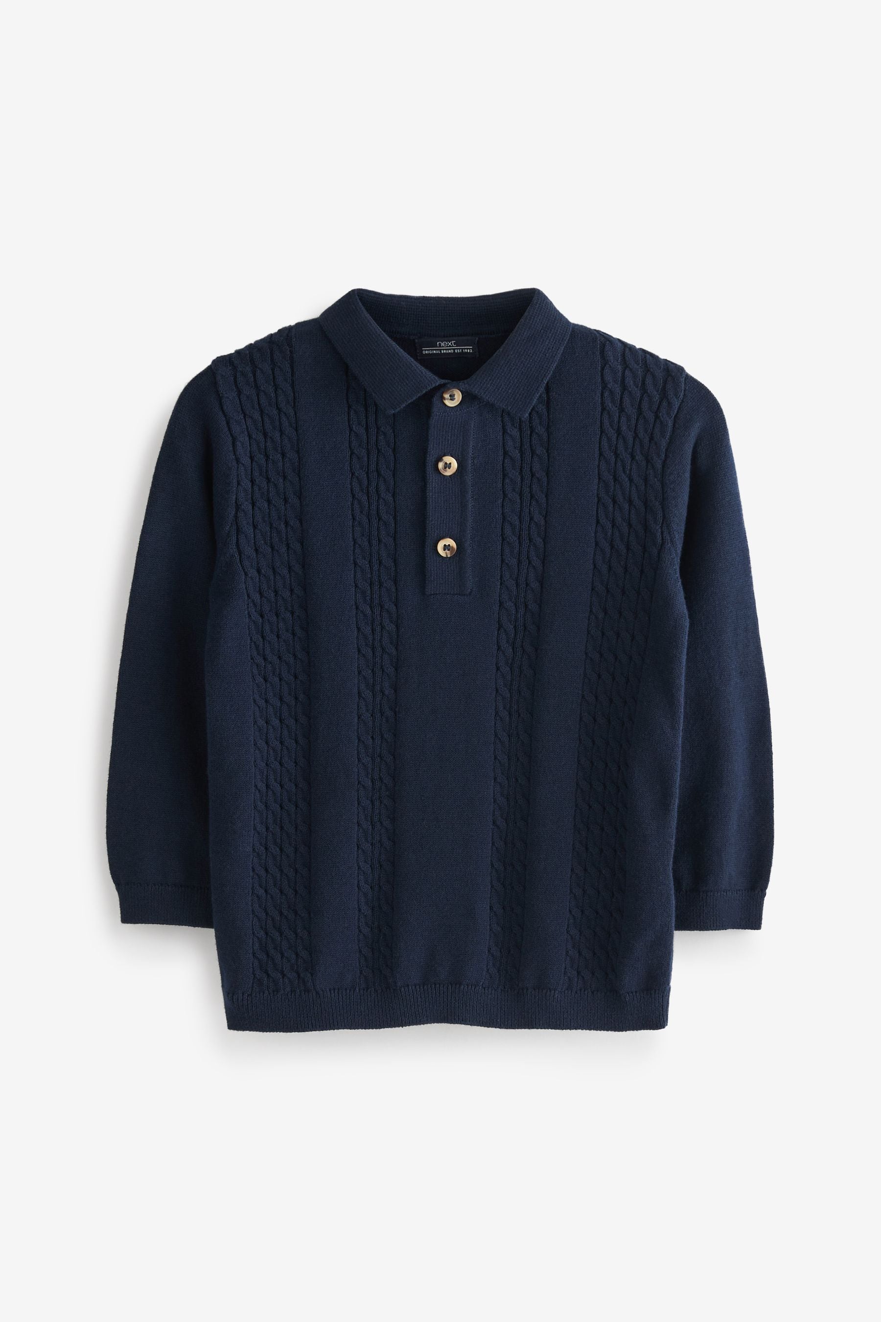 Navy Blue Long Sleeve Cable Polo Shirt (3mths-7yrs)