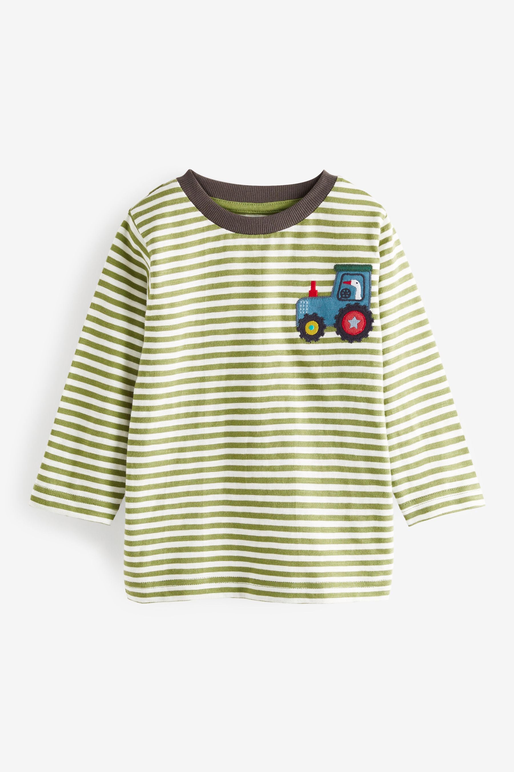 Green/White Stripe Tractor Long Sleeve Chest Applique T-Shirt (3mths-7yr