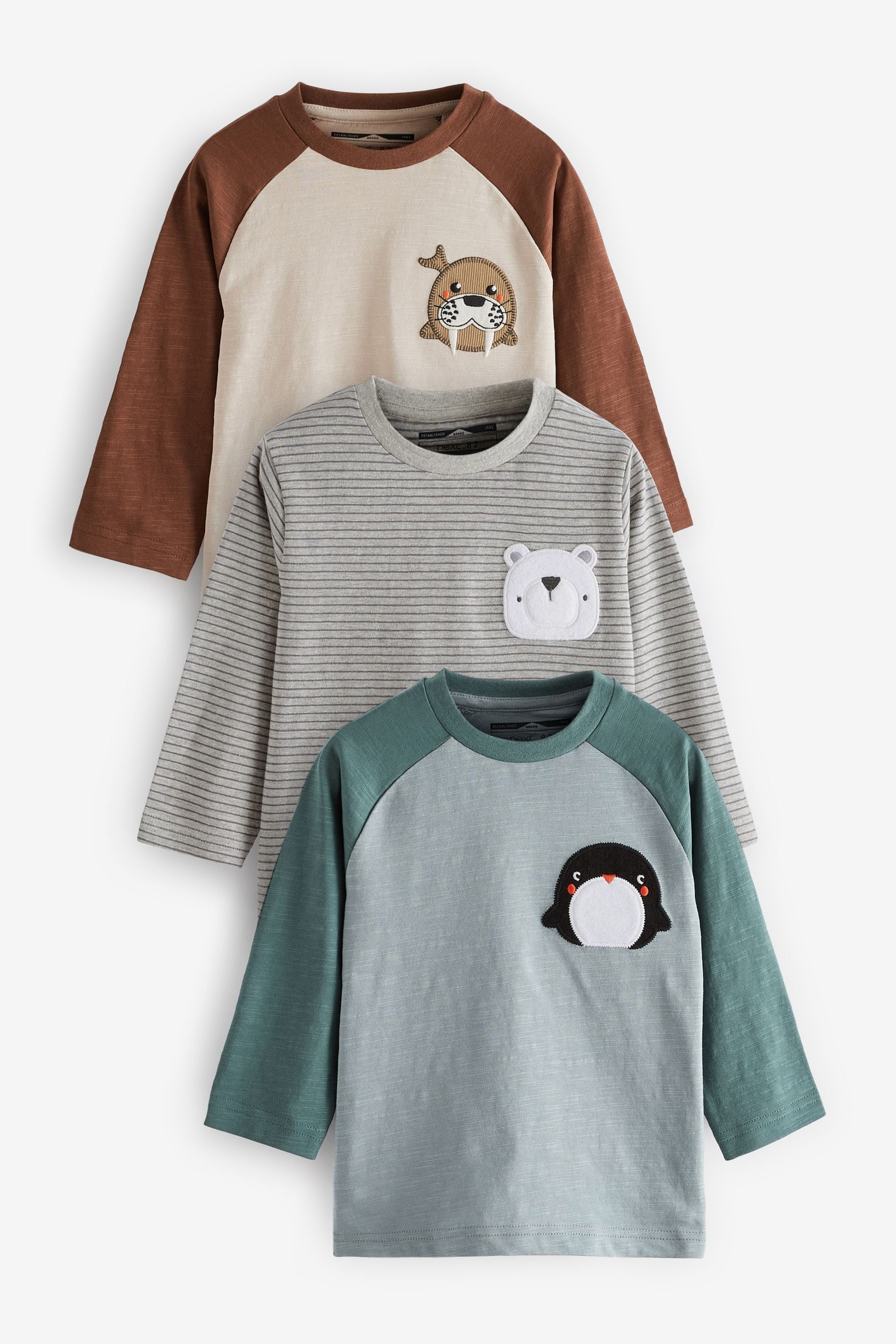 Blue/Grey Arctic Animals 3 Pack Long Sleeve Character T-Shirts (3mths-7yrs)