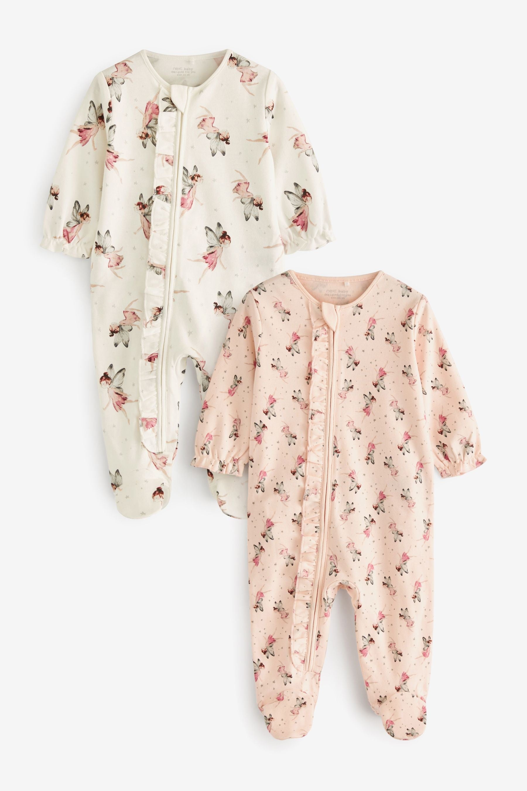 Cream/Pink Fairy 2 Pack Zip Baby Sleepsuits (0-2yrs)