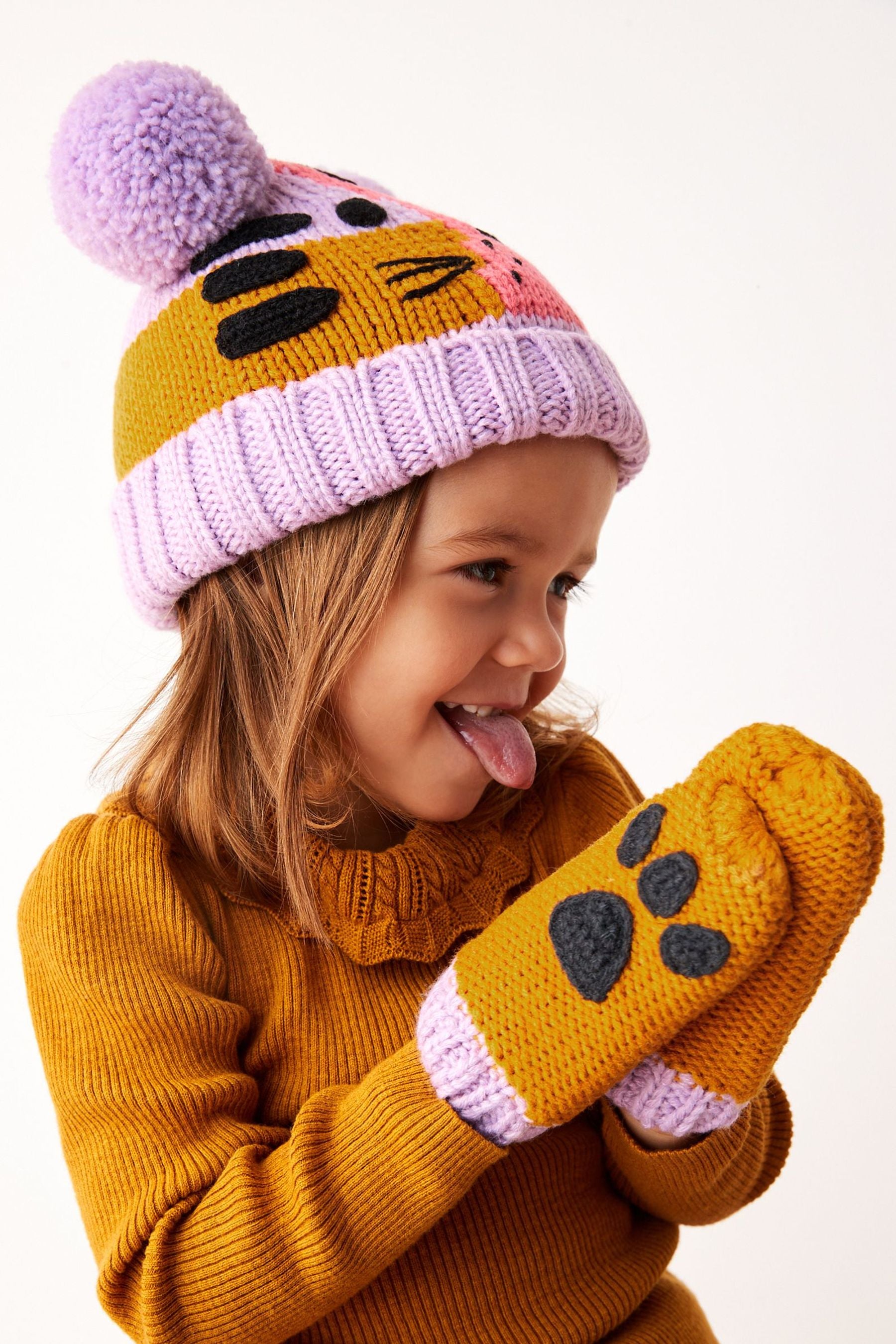 Lilac Purple Cat 2 Piece Character Hat and Mitten Set (3mths-6yrs)