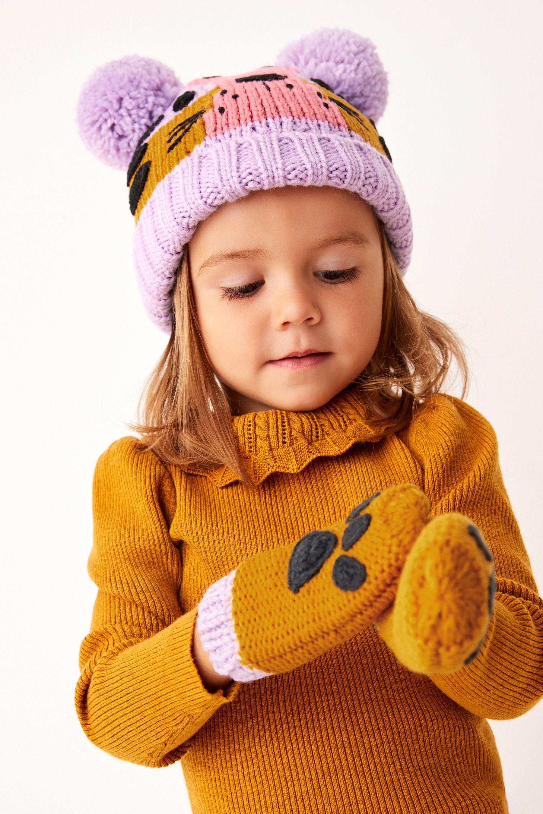 Lilac Purple Cat 2 Piece Character Hat and Mitten Set (3mths-6yrs)