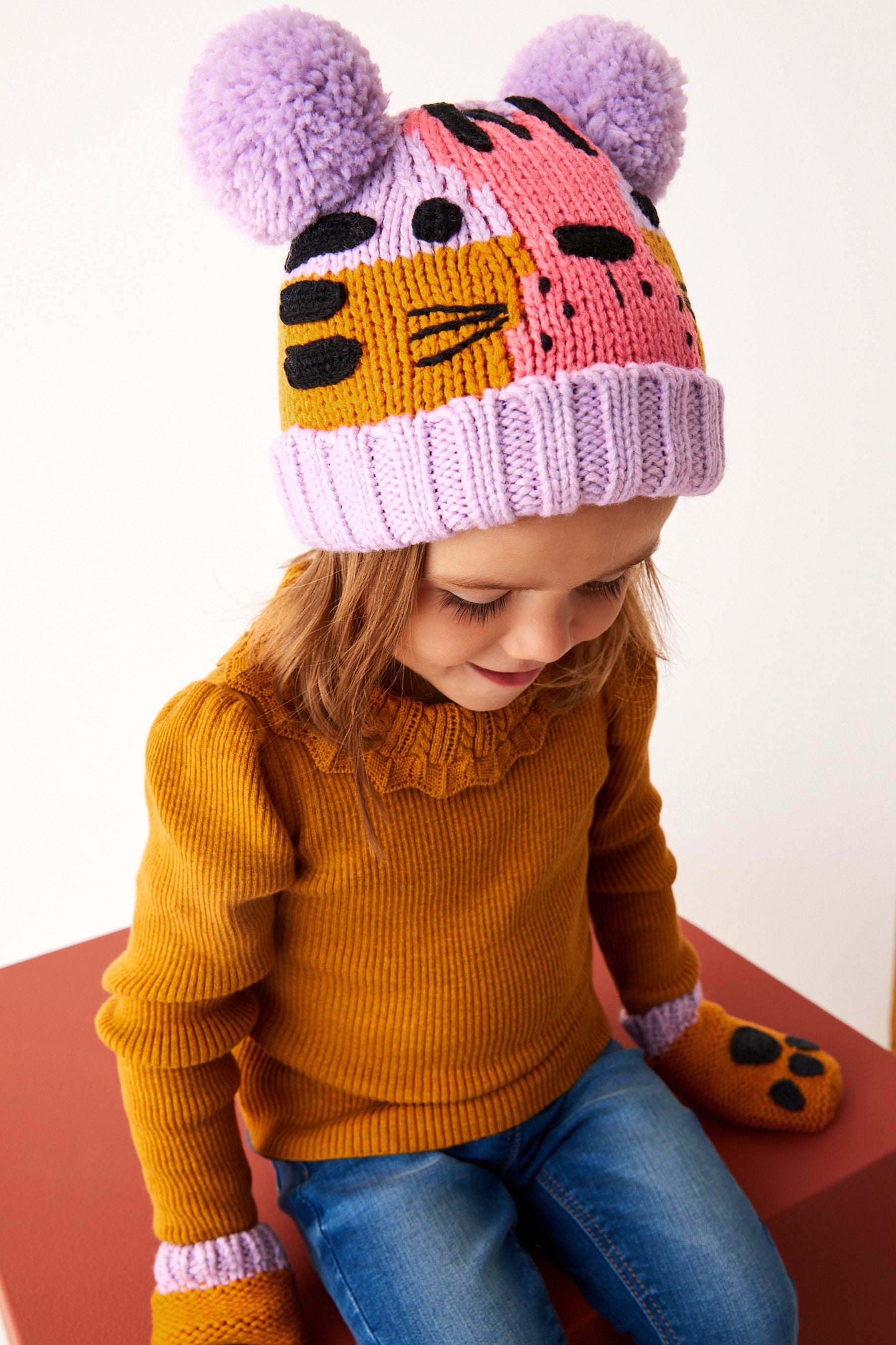 Lilac Purple Cat 2 Piece Character Hat and Mitten Set (3mths-6yrs)