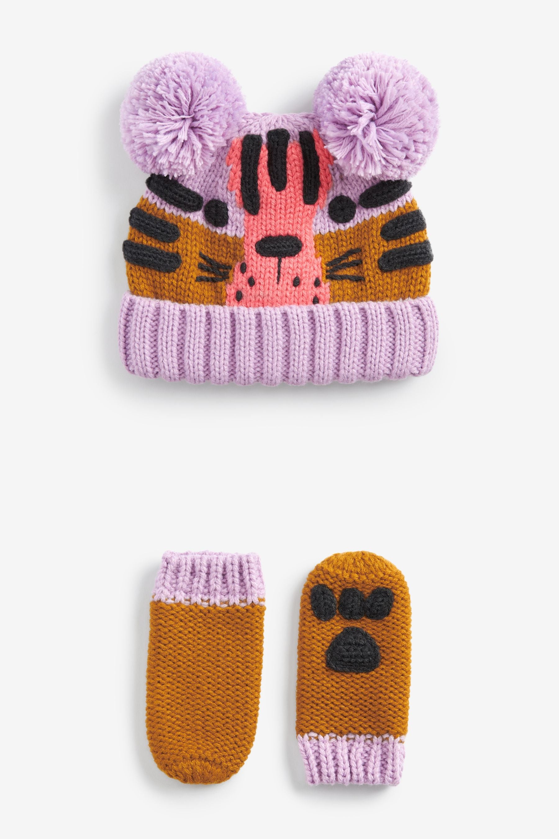 Lilac Purple Cat 2 Piece Character Hat and Mitten Set (3mths-6yrs)