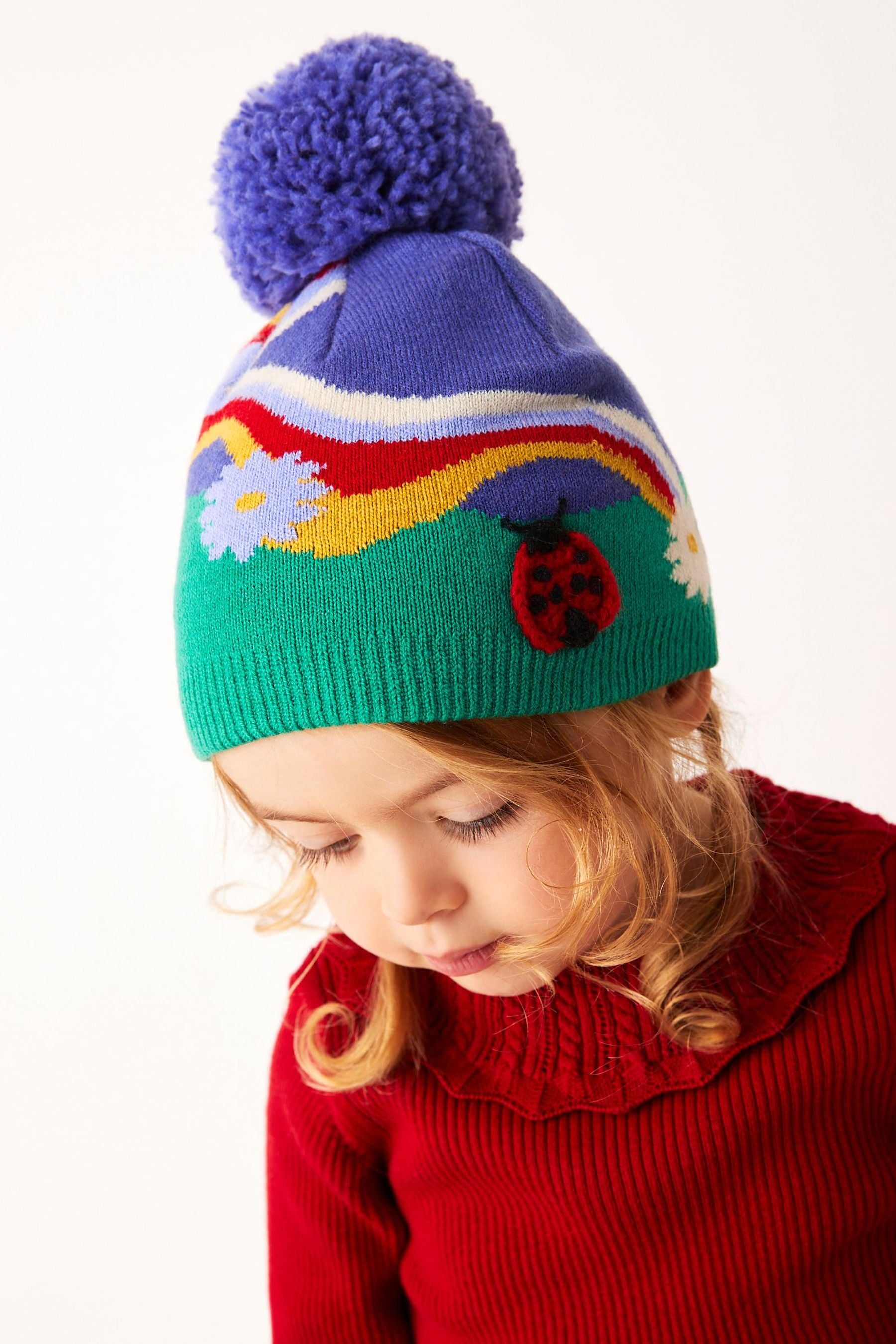 Blue/Green Pom Pom Beanie Hat (3mths-6yrs)