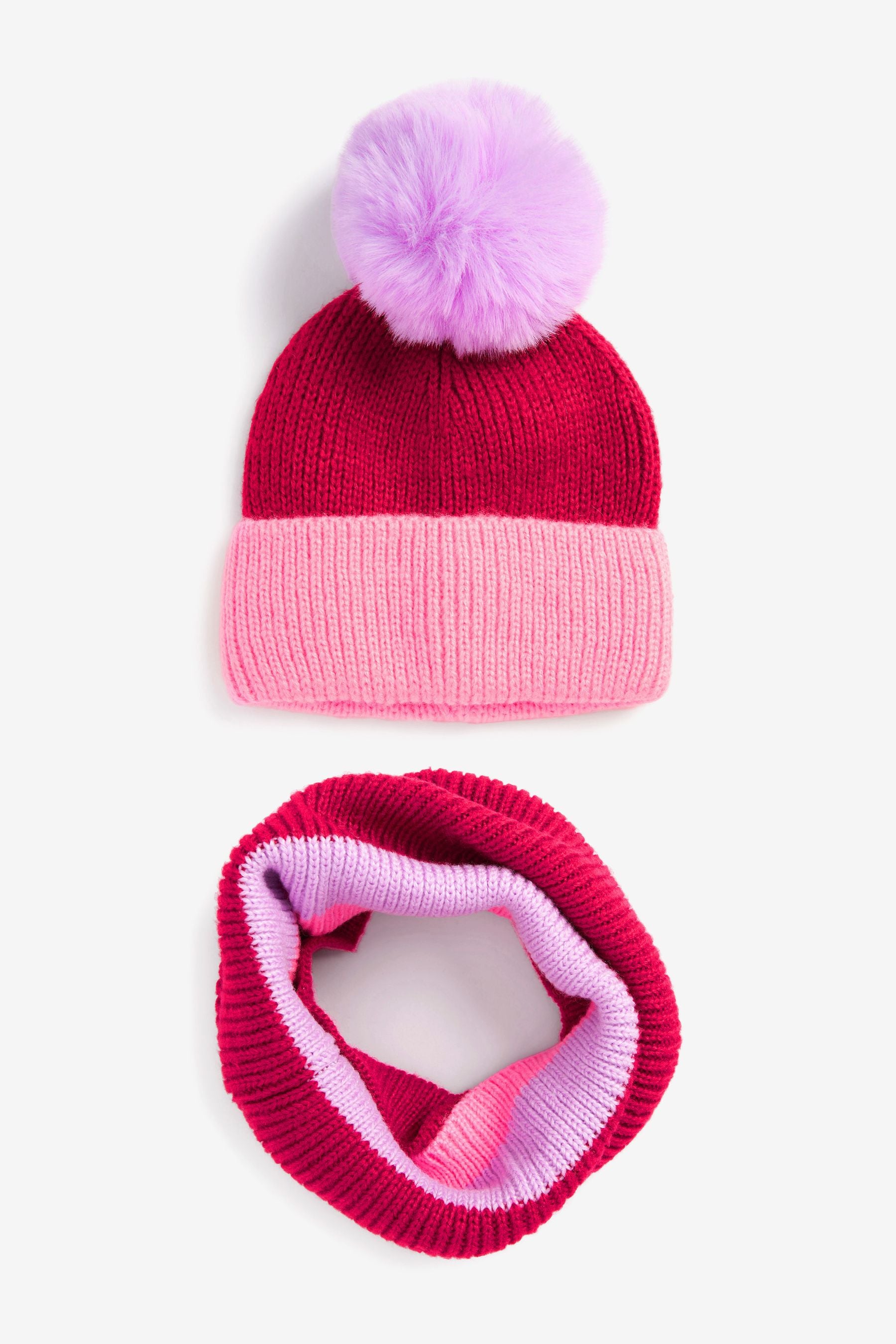 Pink/Red 2 Piece Colourblock Hat And Snood Set (3mths-13yrs)