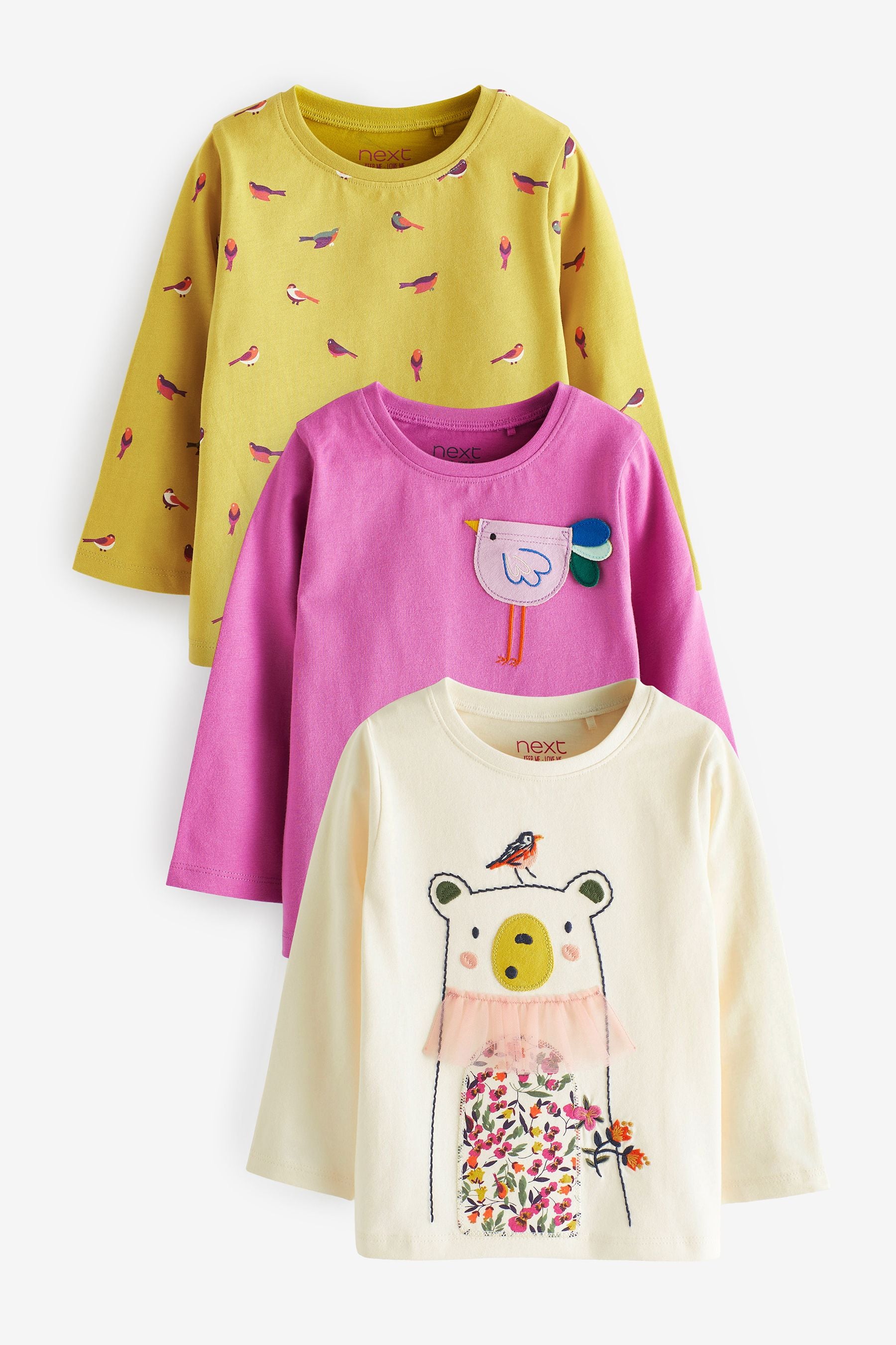 Pink/Yellow Bear Character Short Sleeve Cotton T-Shirts 3 Pack (3mths-7yrs)