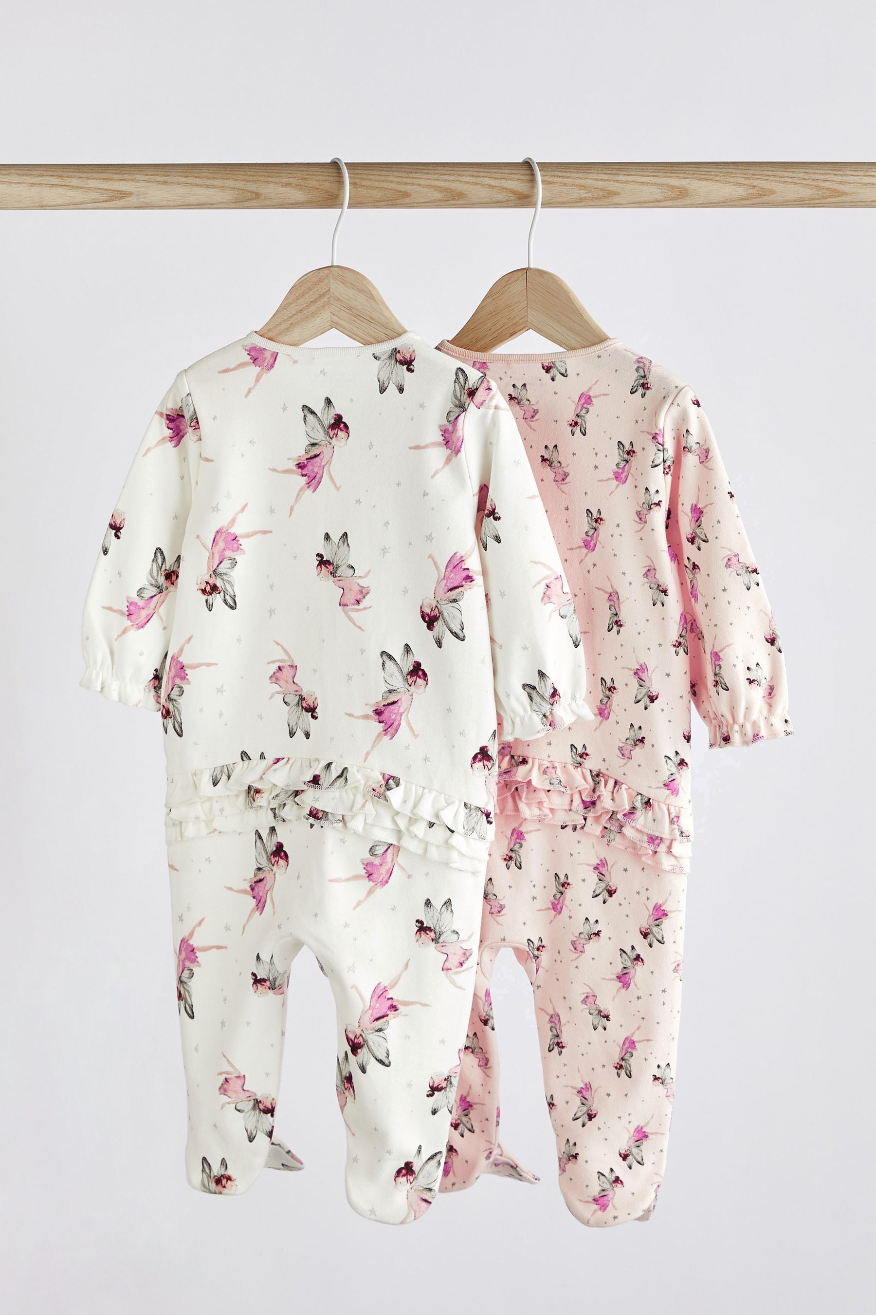 Cream/Pink Fairy 2 Pack Zip Baby Sleepsuits (0-2yrs)