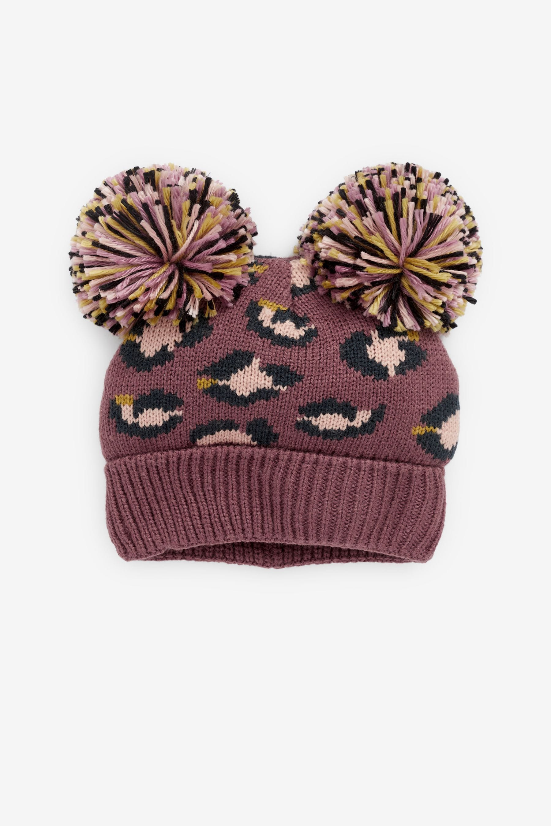 Chocolate Brown Animal Print Double Pom Pom Beanie Hat (3mths-6yrs)