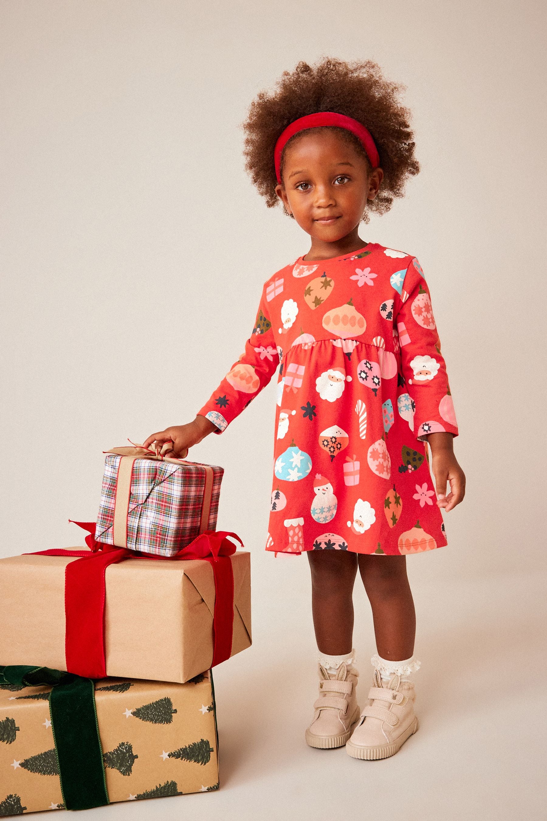 Red Christmas Long Sleeve Jersey Dress (3mths-7yrs)