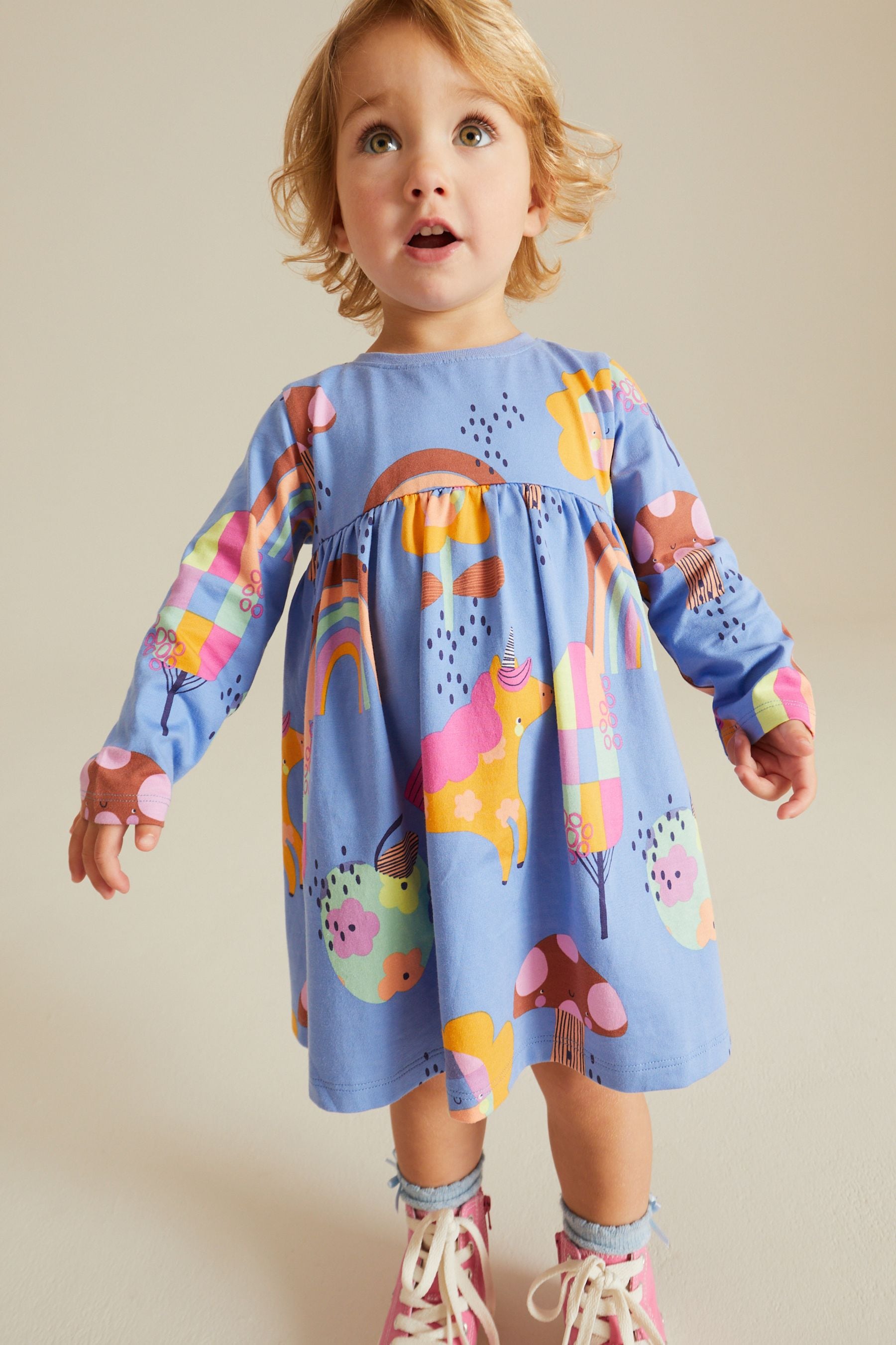 Blue Unicorn Long Sleeve Jersey Dress (3mths-7yrs)