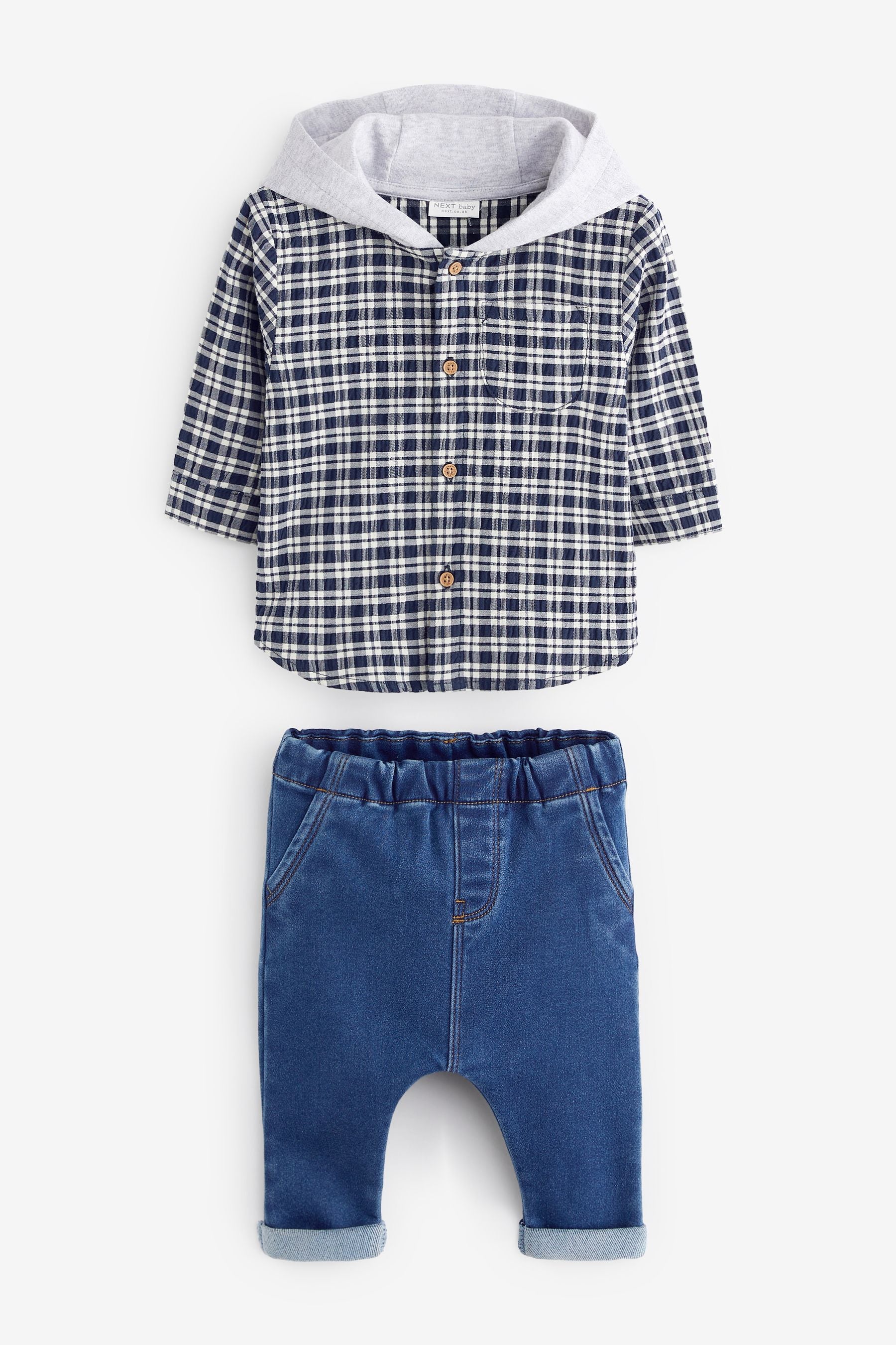 Blue Hooded Check Shirt And Jeans Set