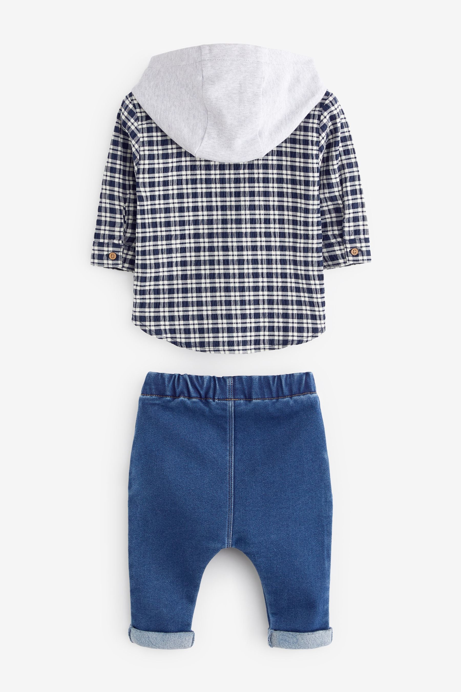 Blue Hooded Check Shirt And Jeans Set