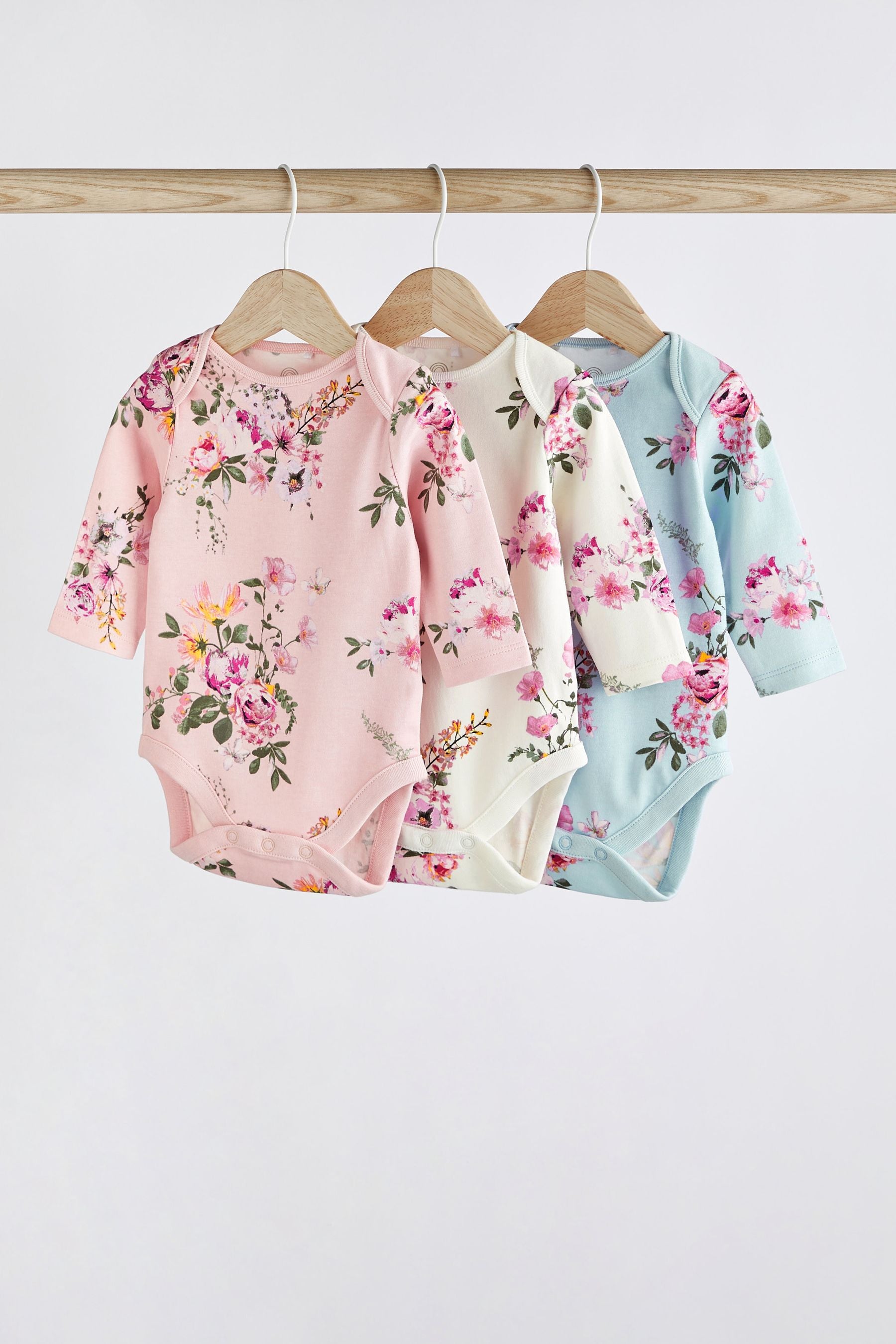 Pink and Blue Floral Baby Long Sleeve Bodysuits 3 Pack