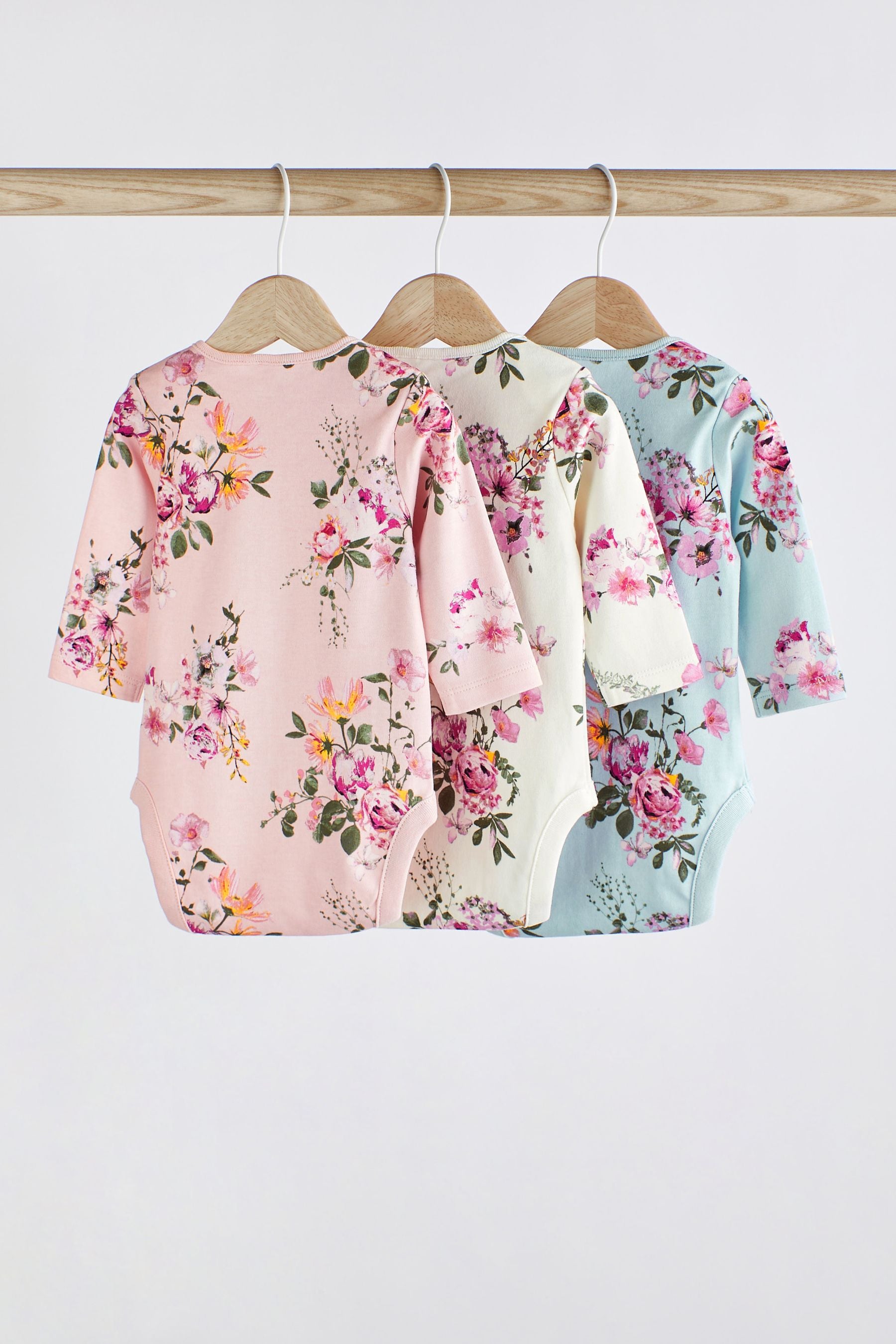 Pink and Blue Floral Baby Long Sleeve Bodysuits 3 Pack