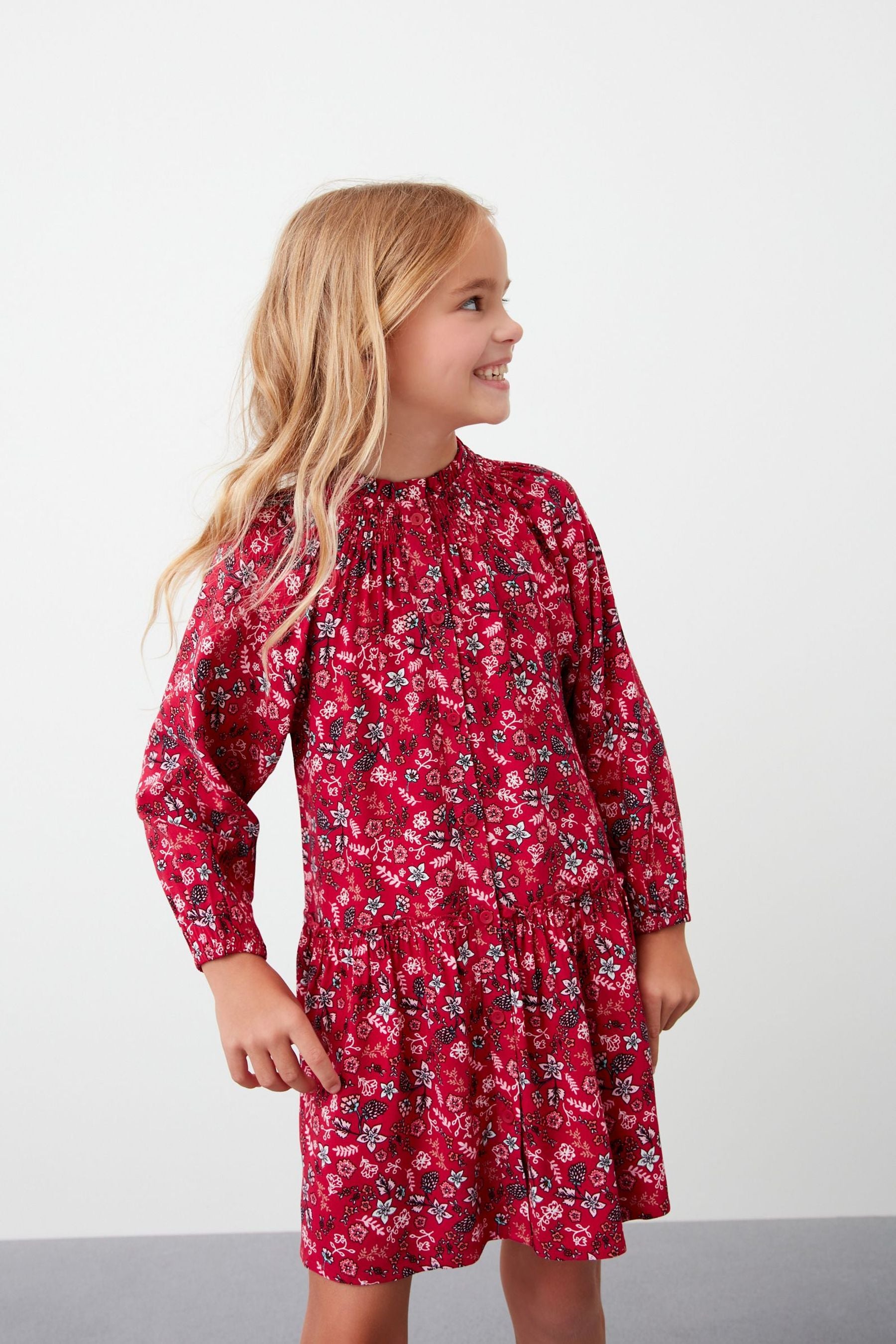 Red Long Sleeve Button Through Tiered Dress (3-16yrs)