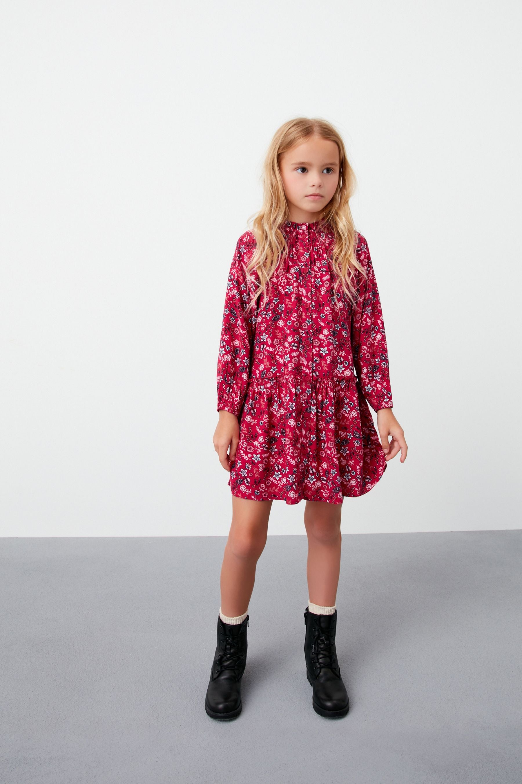 Red Long Sleeve Button Through Tiered Dress (3-16yrs)