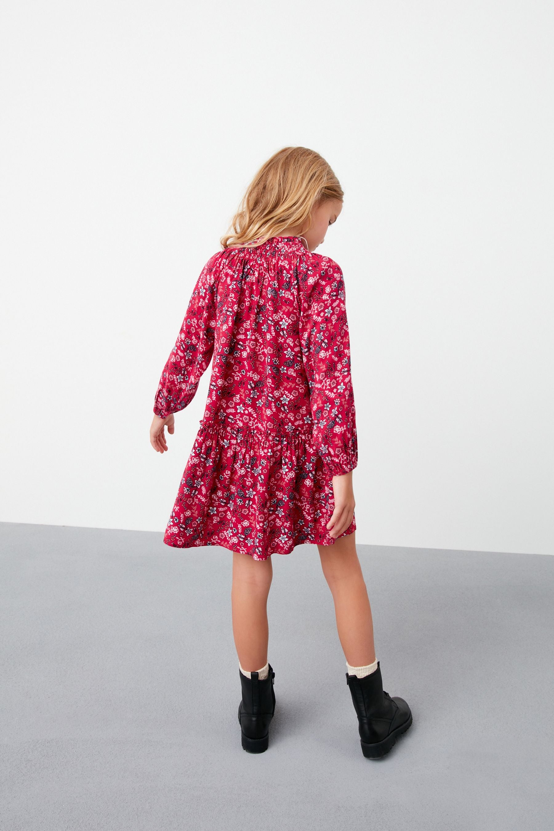 Red Long Sleeve Button Through Tiered Dress (3-16yrs)