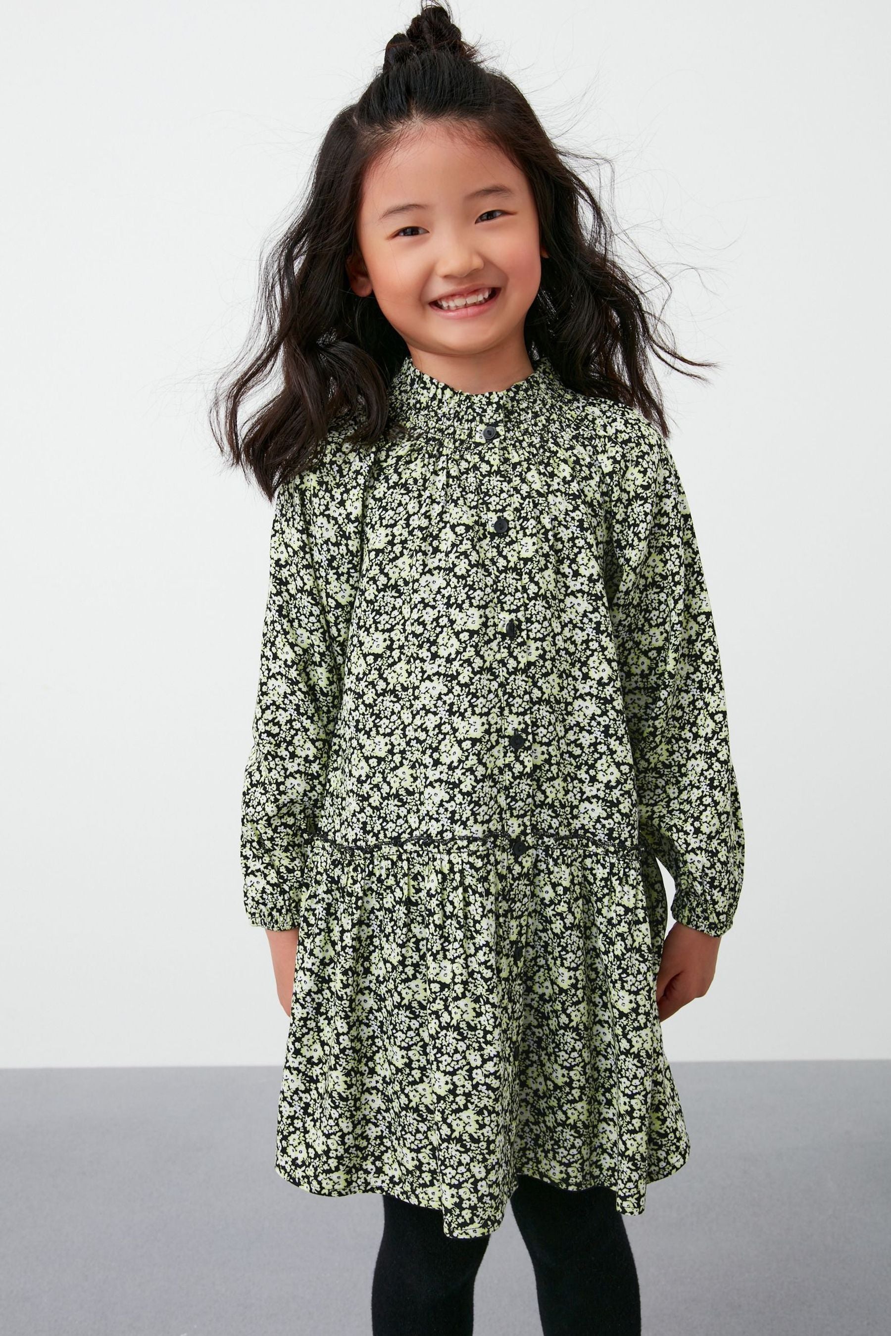 Black Long Sleeve Button Through Tiered Dress (3-16yrs)