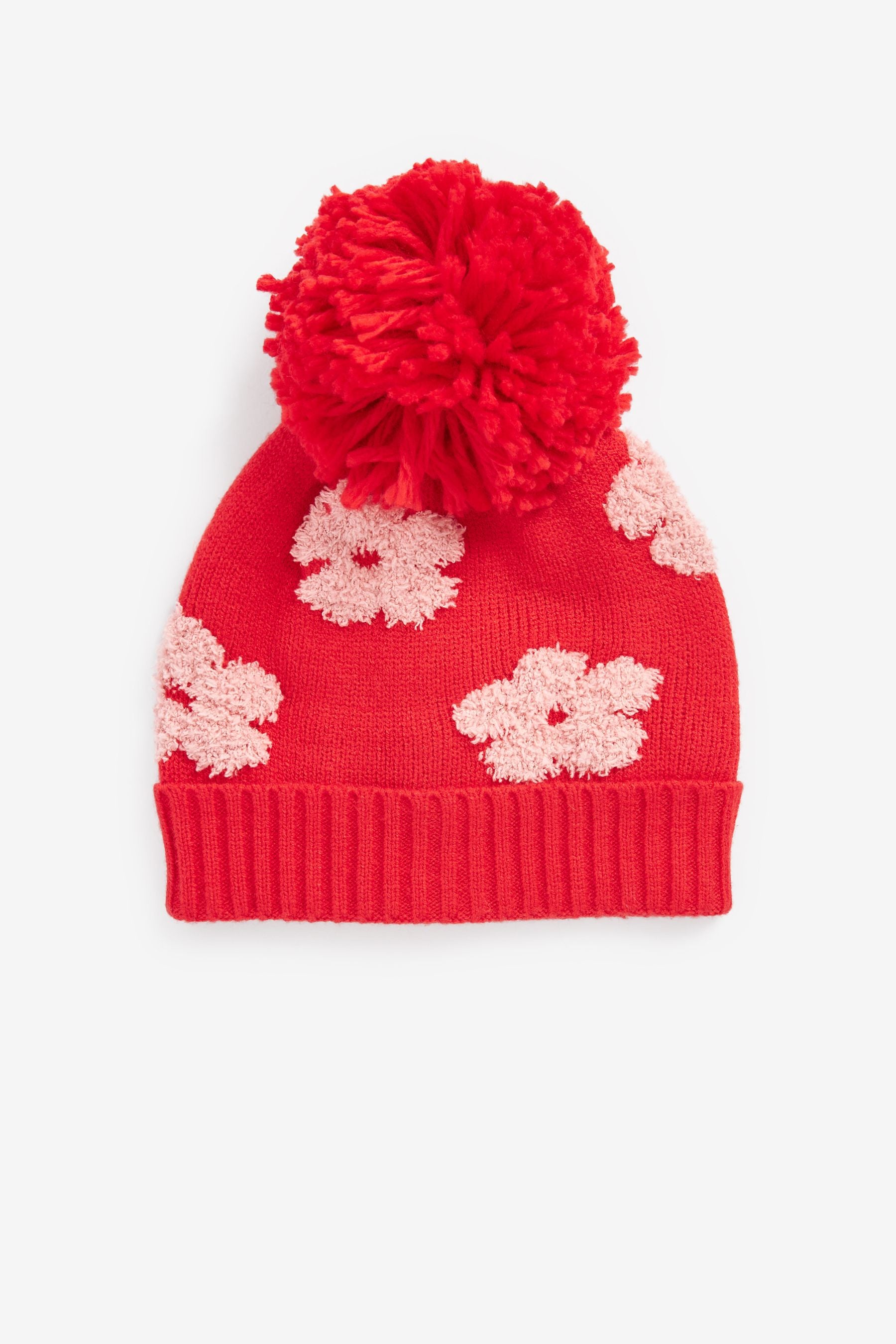 Pink/Red Flower Pom Pom Beanie Hat (3mths-6yrs)