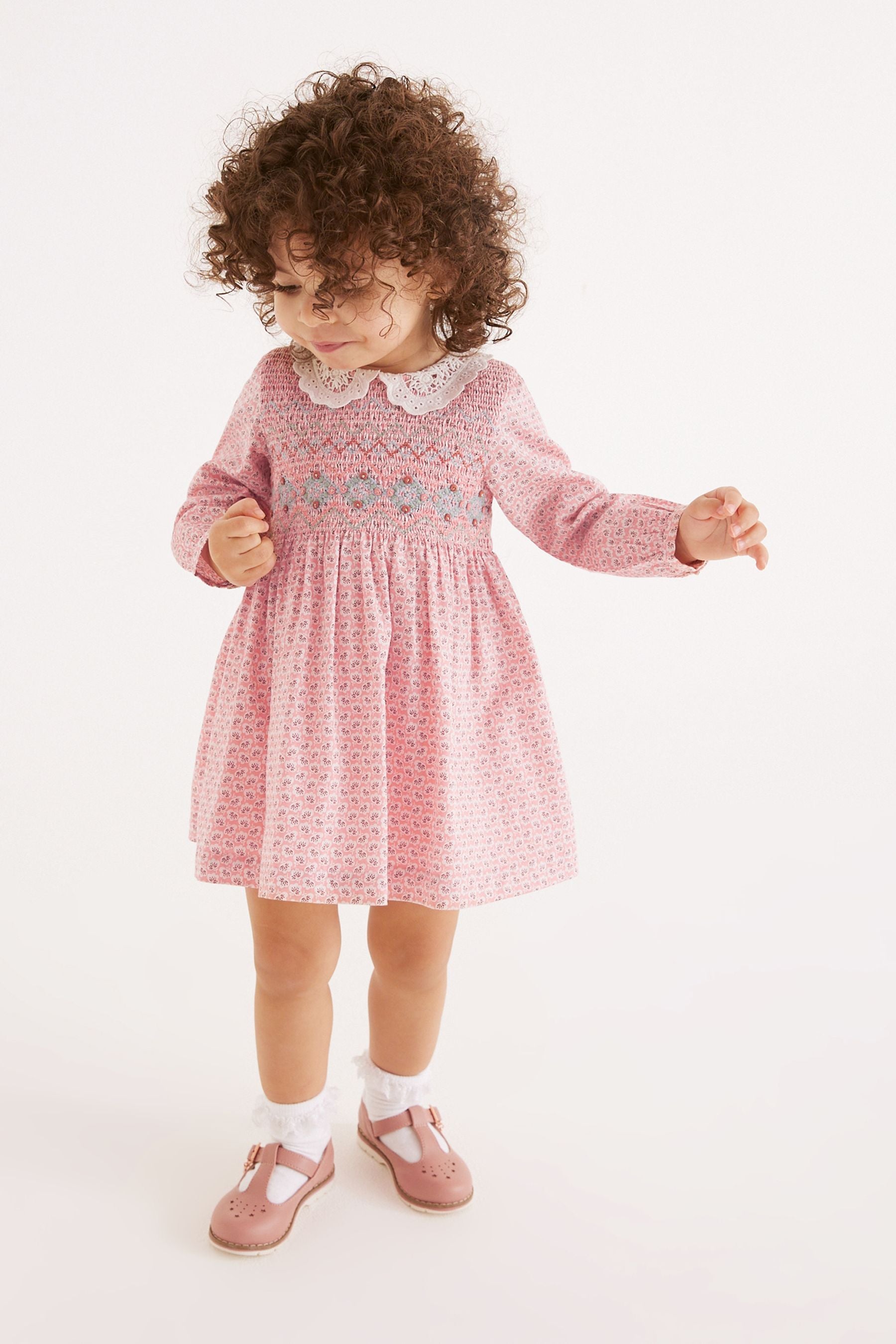 Pink Geo Printed Shirred Collar Dress (3mths-8yrs)