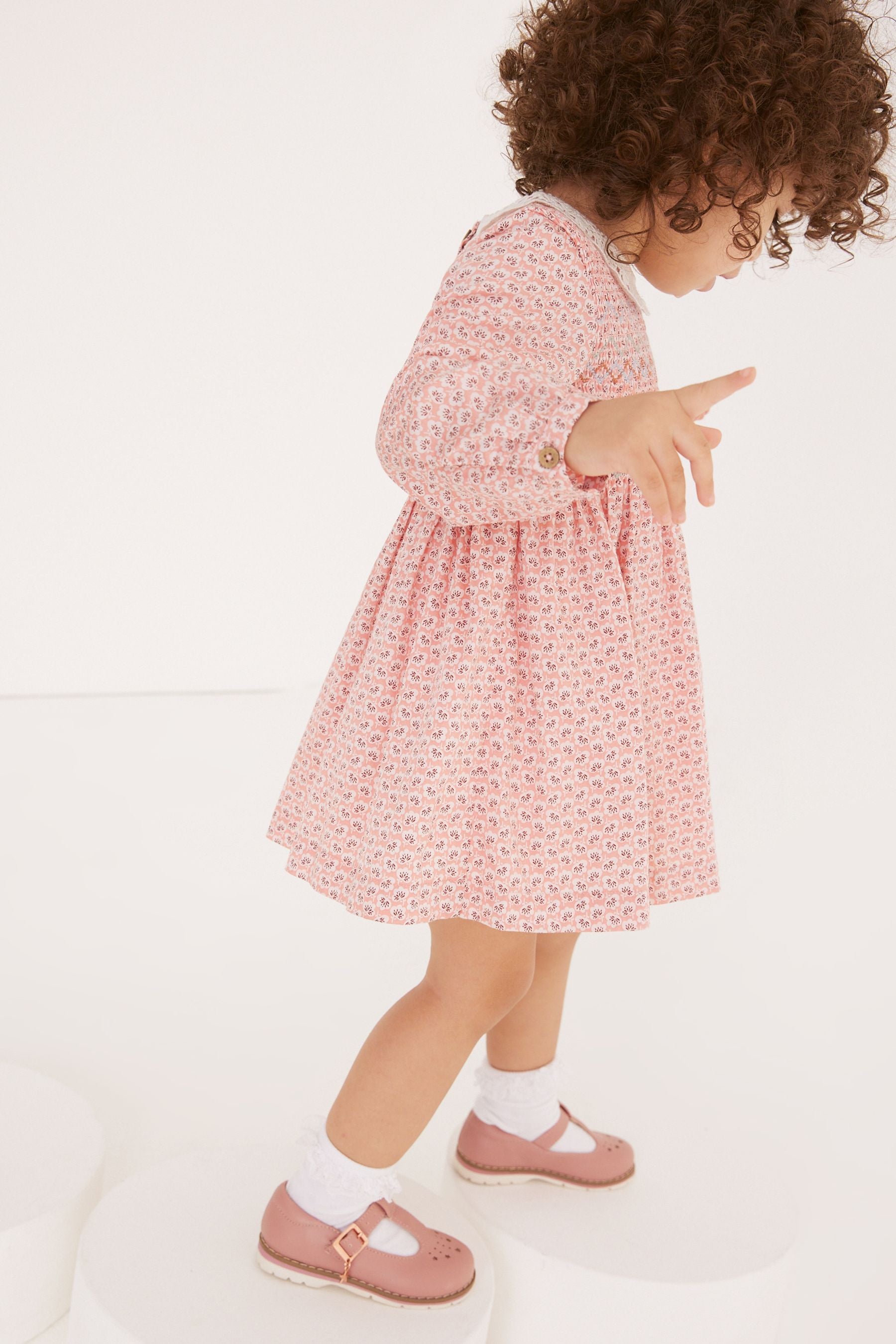 Pink Geo Printed Shirred Collar Dress (3mths-8yrs)