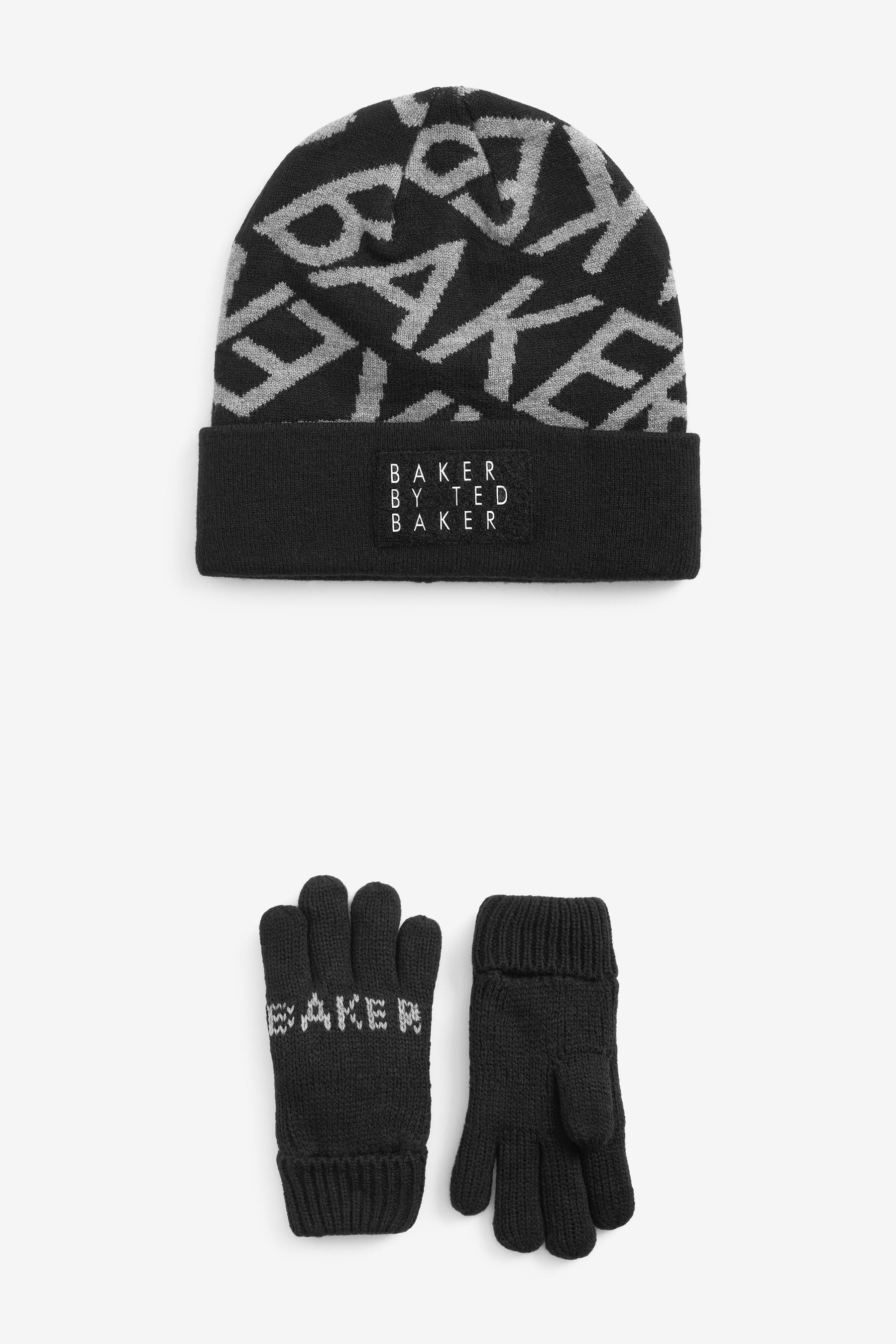 Black Baker by Ted Baker Hat and Mittens Letter Print Set