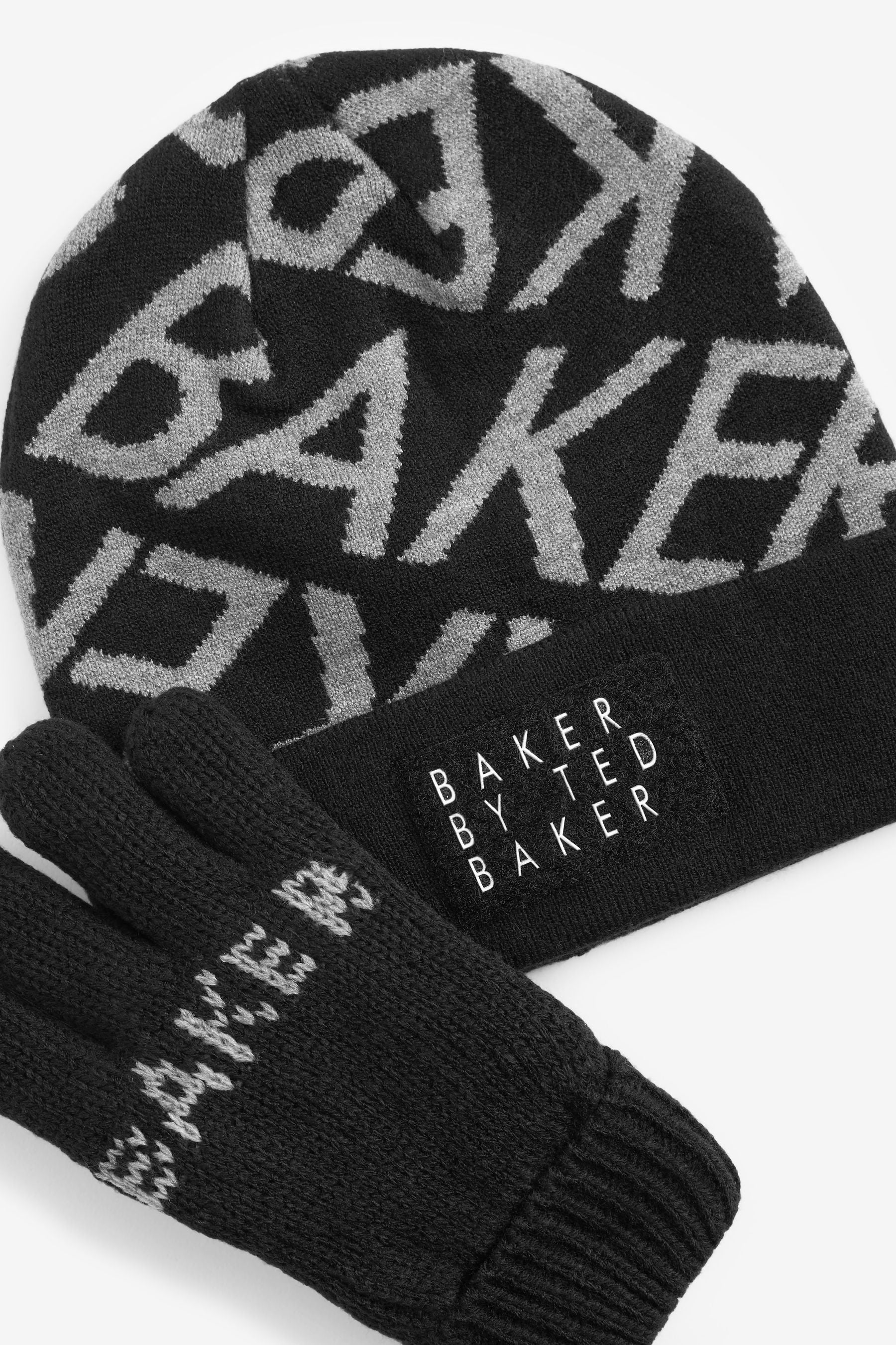 Black Baker by Ted Baker Hat and Mittens Letter Print Set