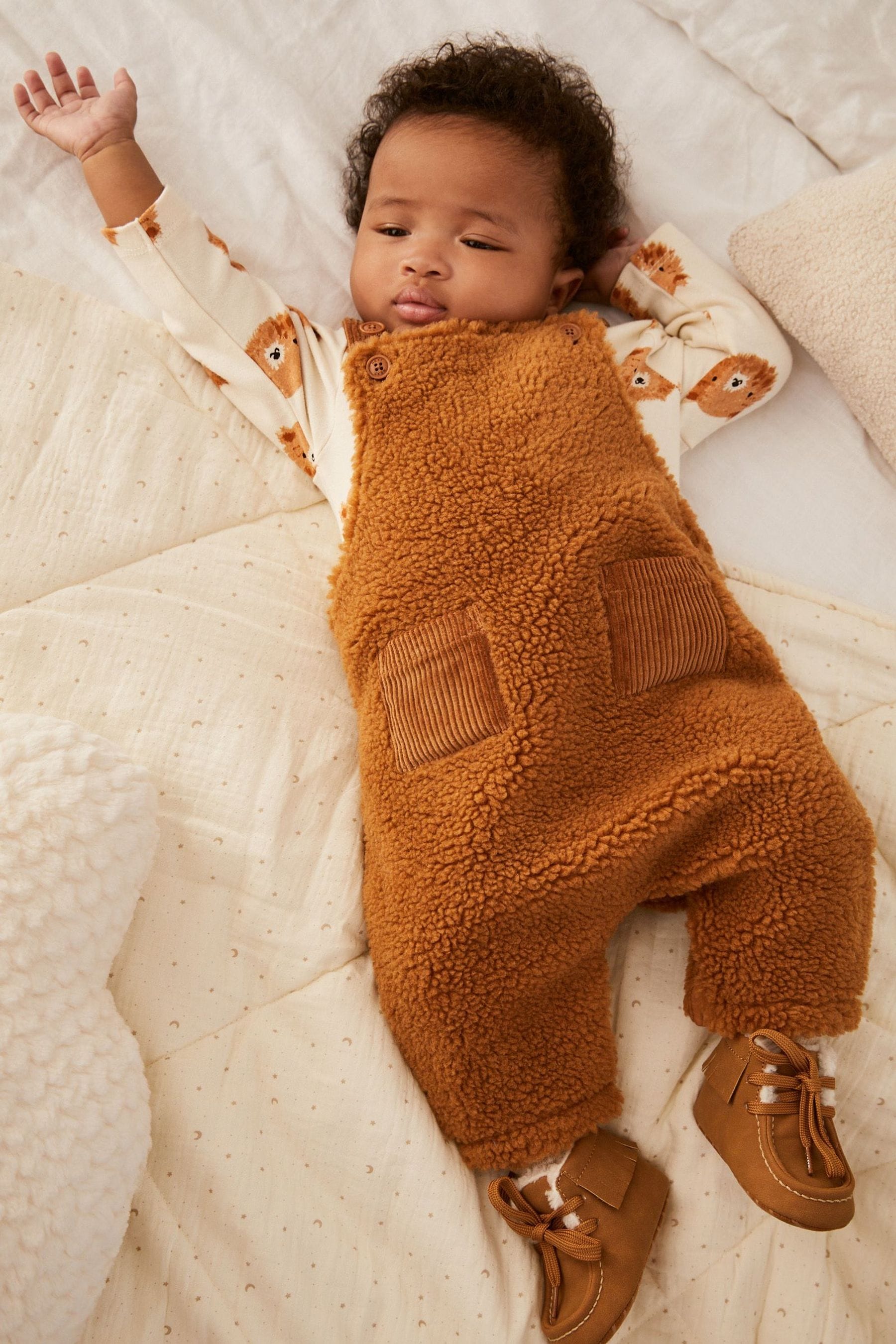 Tan Brown Supersoft Borg Baby Dungaree With Bear Print Bodysuit (0mths-2yrs)