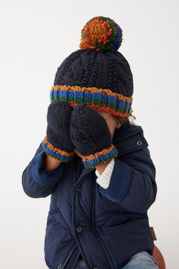 Navy Blue Stripe Hat And Mittens Set (3mths-10yrs)