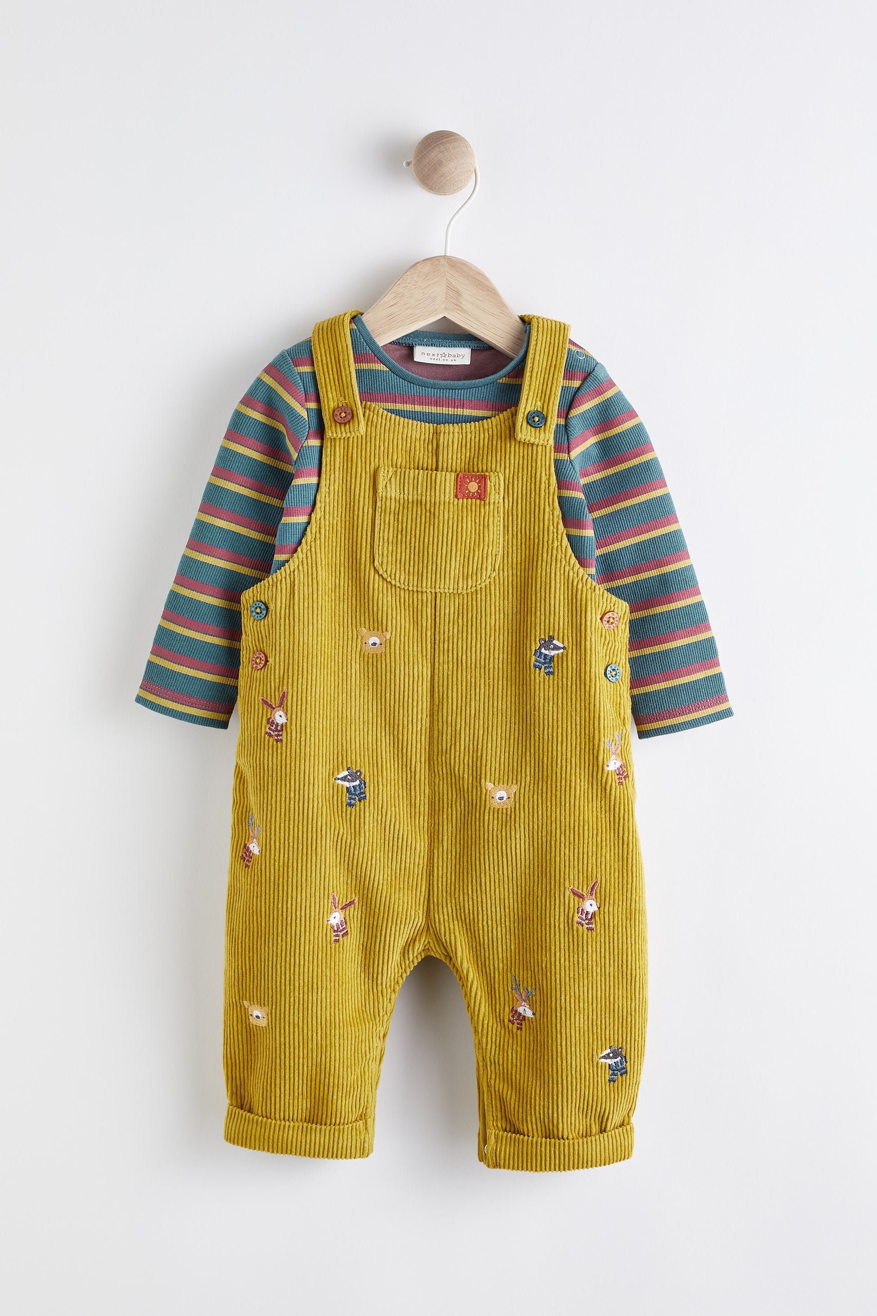 Citrine Yellow Embroidered Cord Dungarees With Bodysuit (0mths-2yrs)