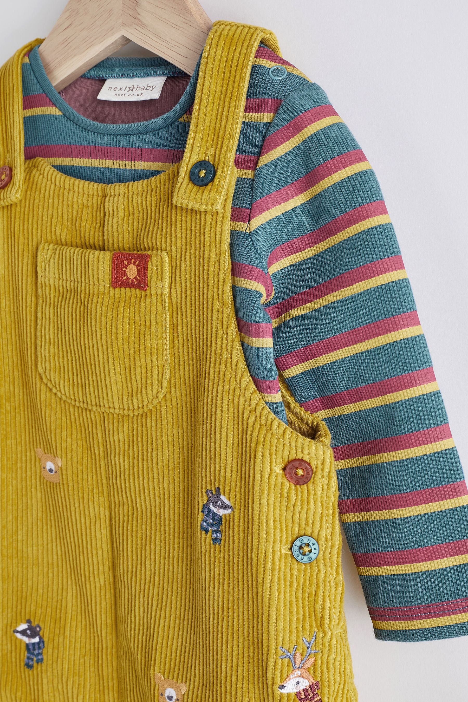 Citrine Yellow Embroidered Cord Dungarees With Bodysuit (0mths-2yrs)