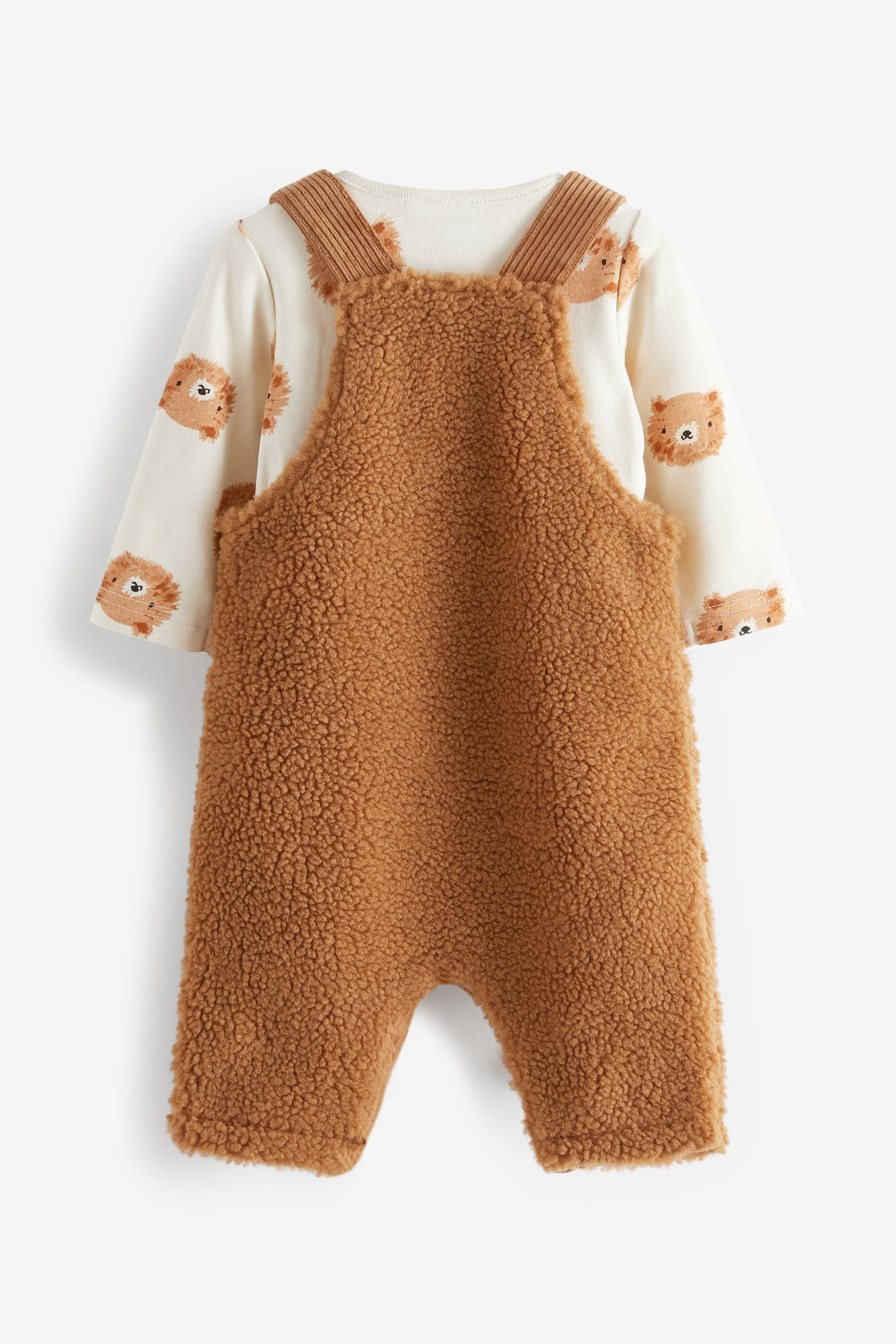 Tan Brown Supersoft Borg Baby Dungaree With Bear Print Bodysuit (0mths-2yrs)