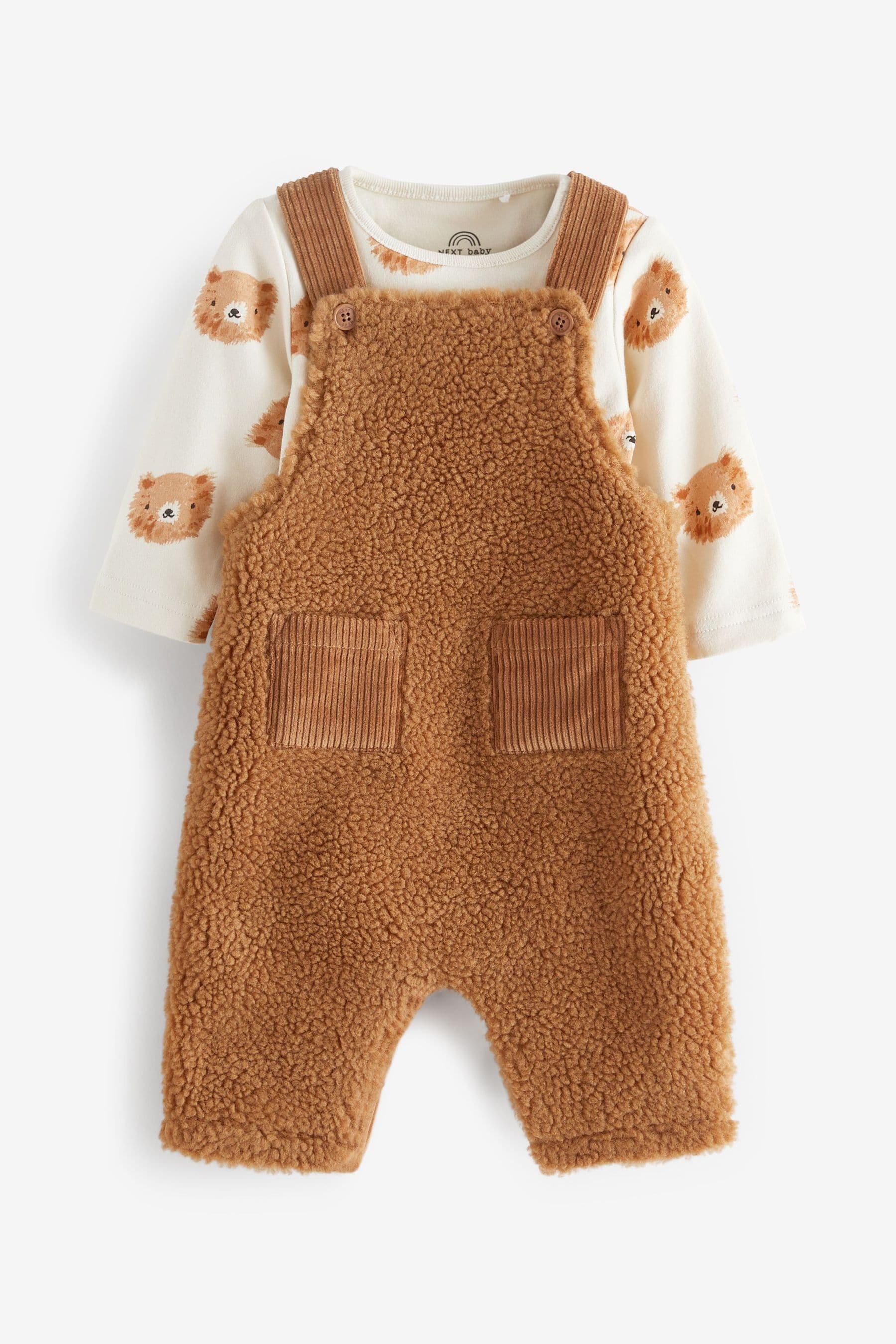 Tan Brown Supersoft Borg Baby Dungaree With Bear Print Bodysuit (0mths-2yrs)