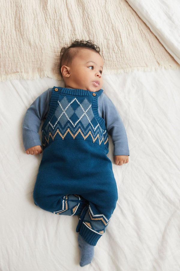 Blue Fairisle Pattern Knitted Baby Dungarees And Bodysuit Set (0mths-2yrs)