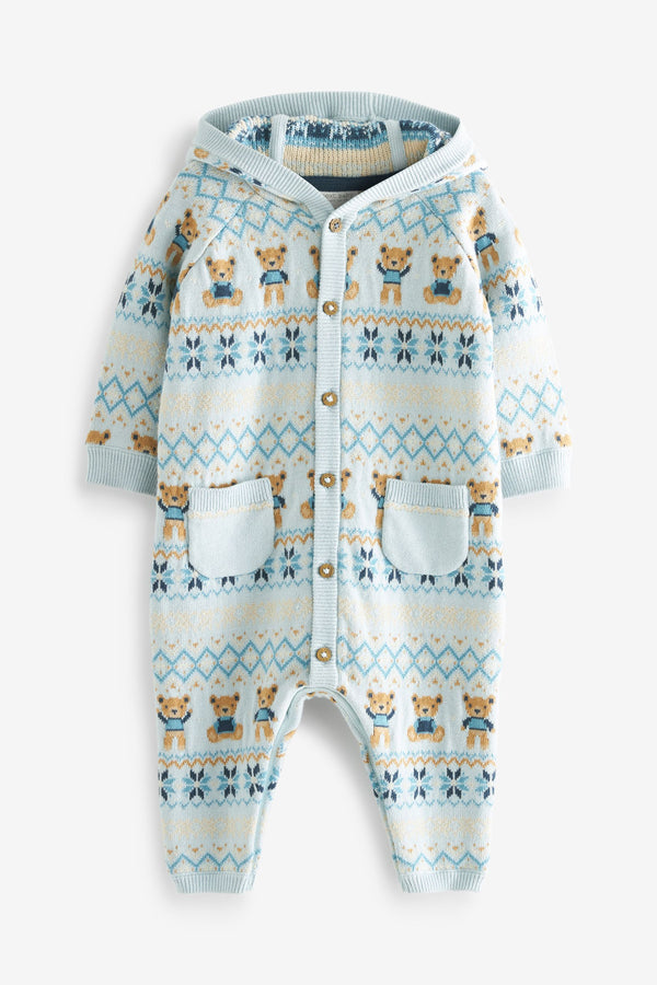 Blue Next Bear Baby Fairisle Knitted Hooded Romper (0mths-2yrs)