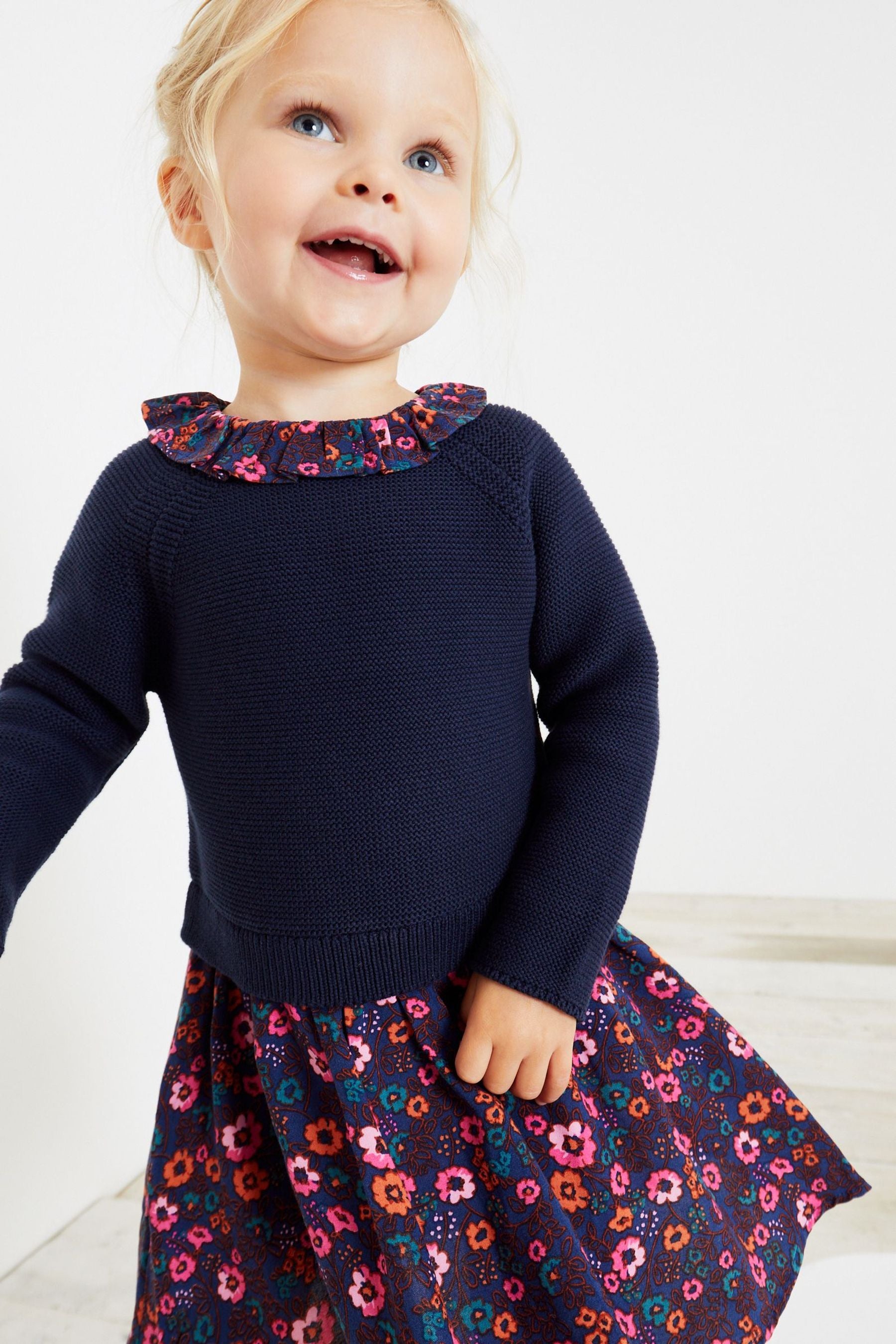 Navy Woven Knit Mix Dress (3mths-7yrs)