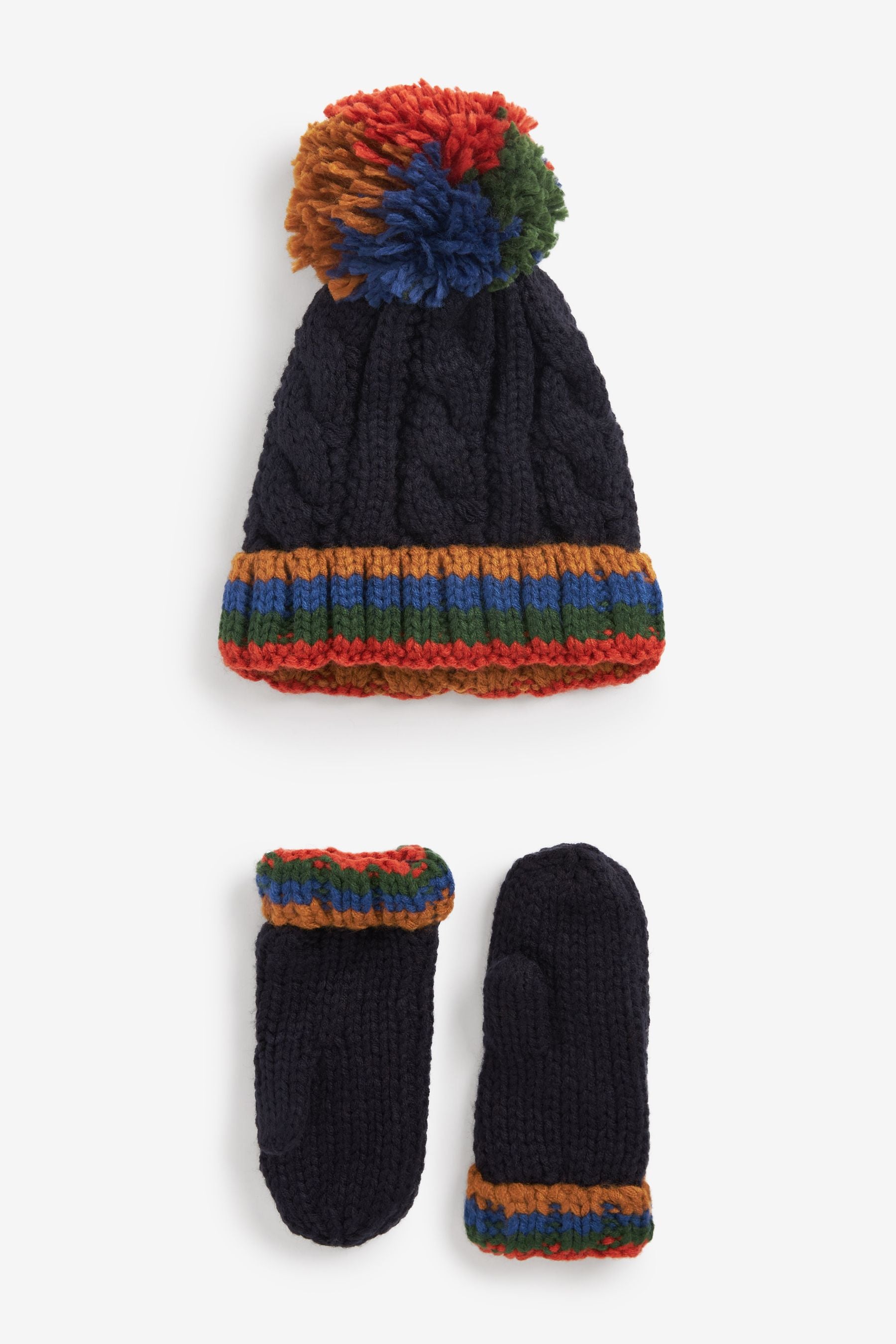 Navy Blue Stripe Hat And Mittens Set (3mths-10yrs)