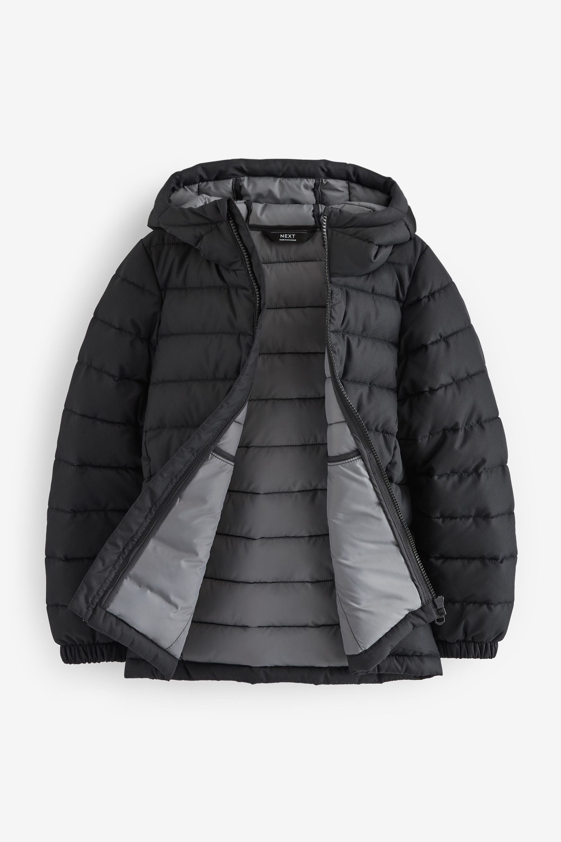 Black Quilted Midweight Hooded Jacket (3-17yrs)