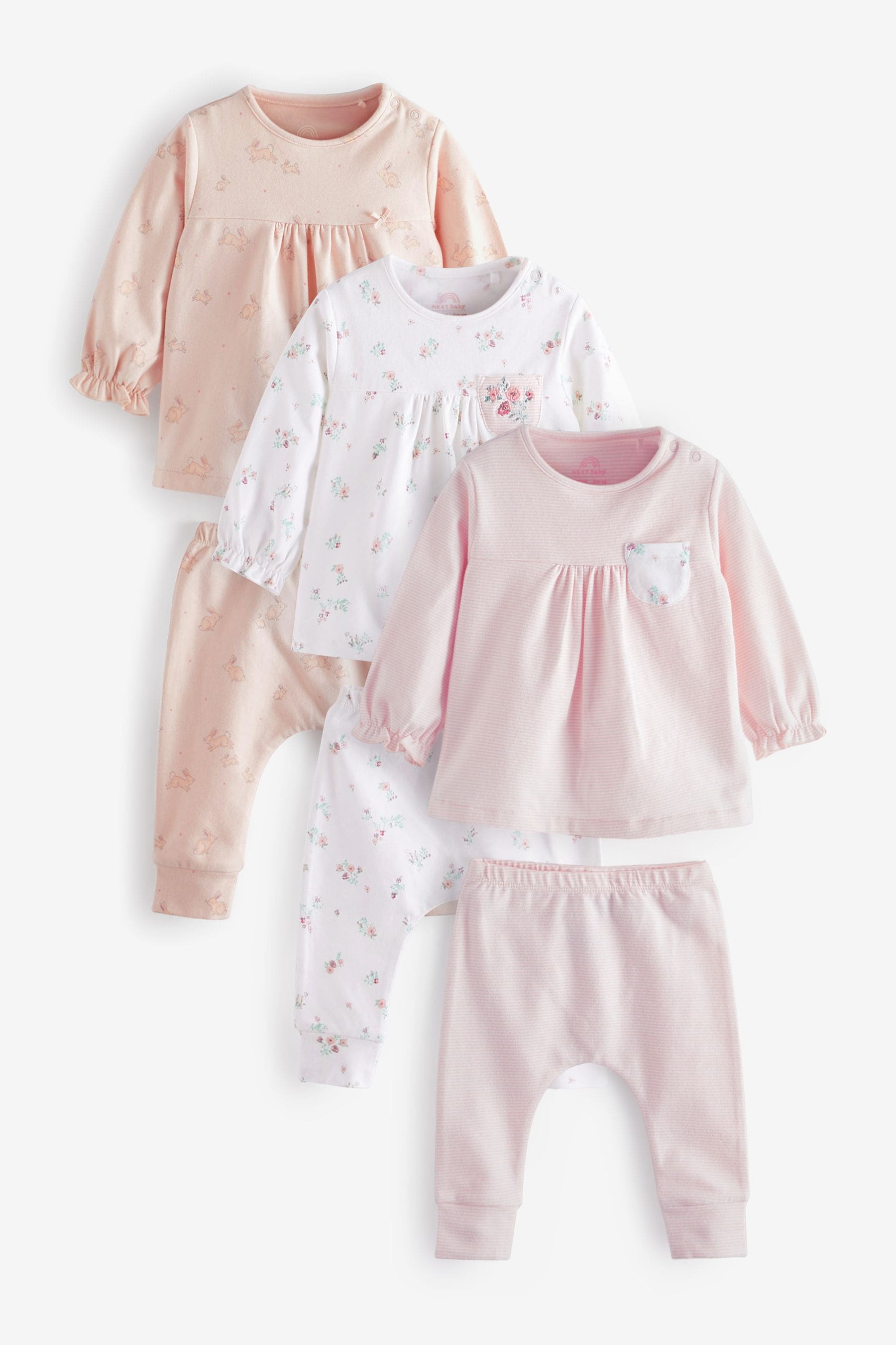 White/Pink 6 Piece Baby T-Shirts and Leggings Set