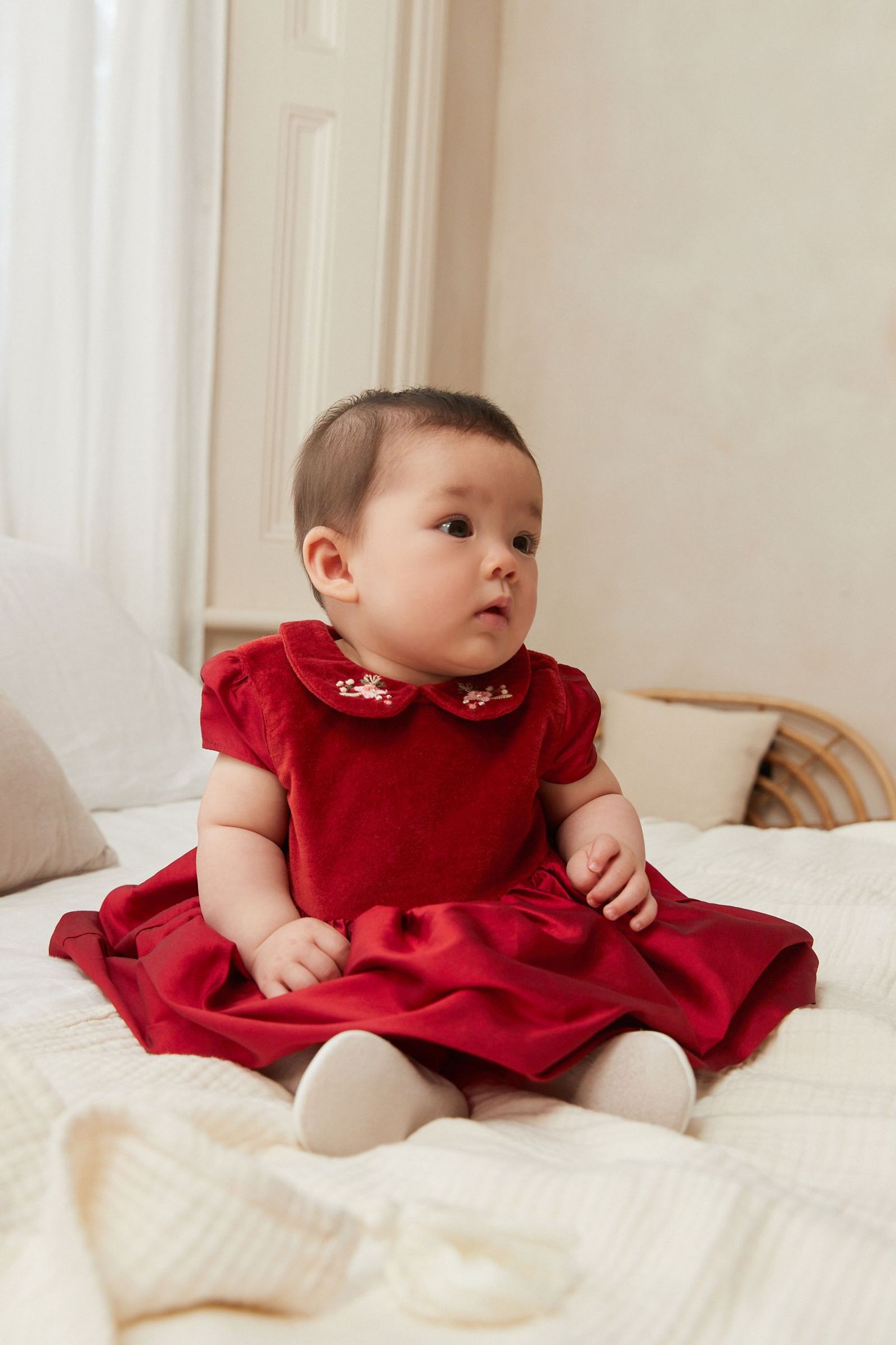 Red Taffeta Occasion Baby Dress With Embroidery Collar (0mths-2yrs)