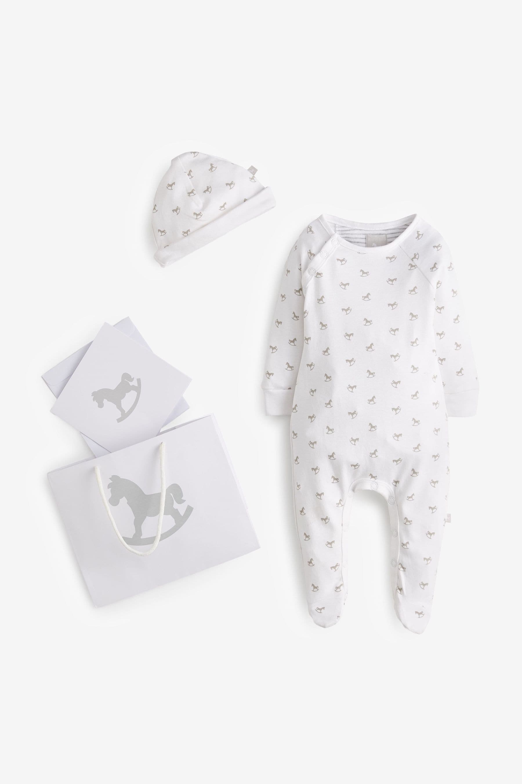 White The Little Tailor White Rocking Horse Sleepsuit And Hat Set