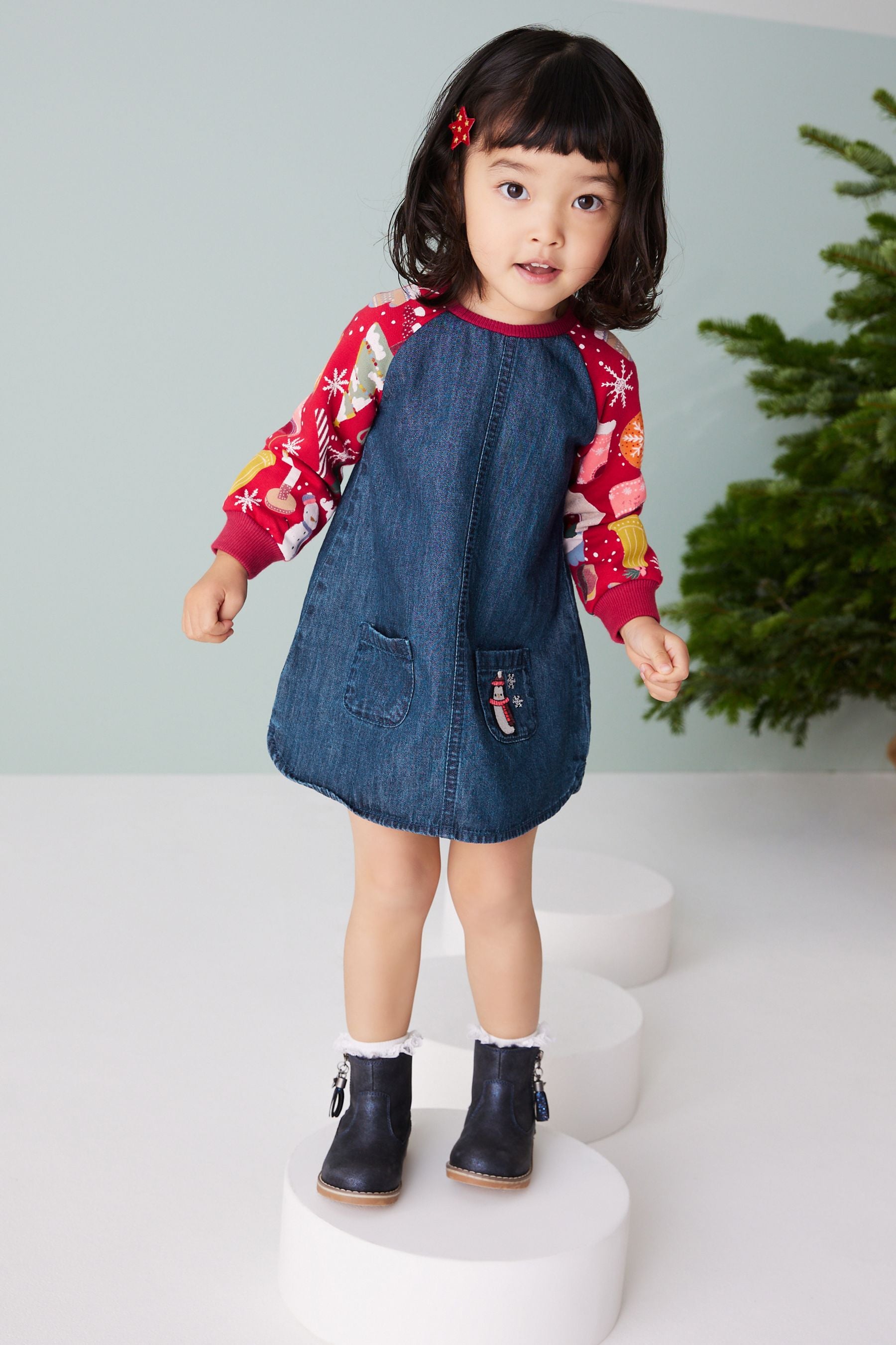 Red Christmas Print Raglan Denim Dress (3mths-8yrs)