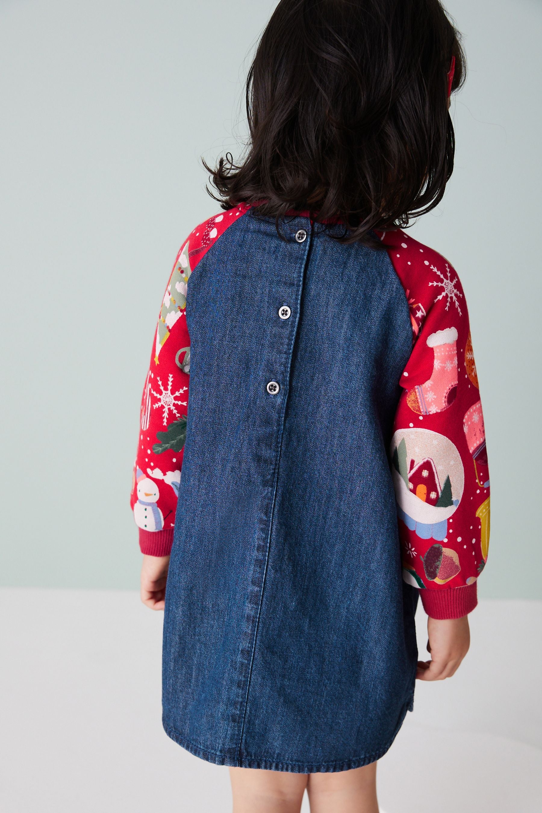 Red Christmas Print Raglan Denim Dress (3mths-8yrs)