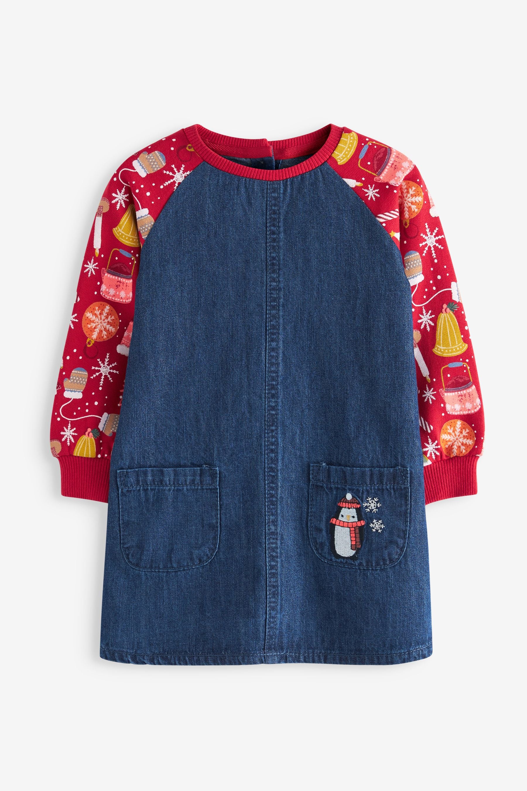 Red Christmas Print Raglan Denim Dress (3mths-8yrs)